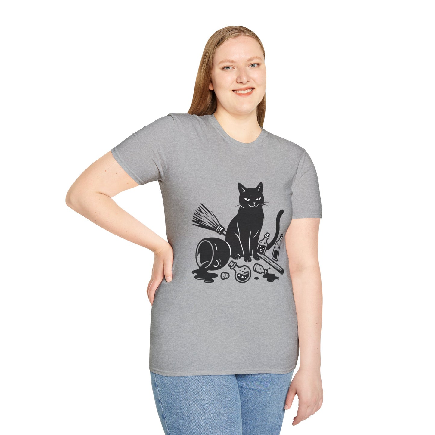 Black Cat Knocking Over Witch’s Essentials – Funny Halloween T-Shirt Design