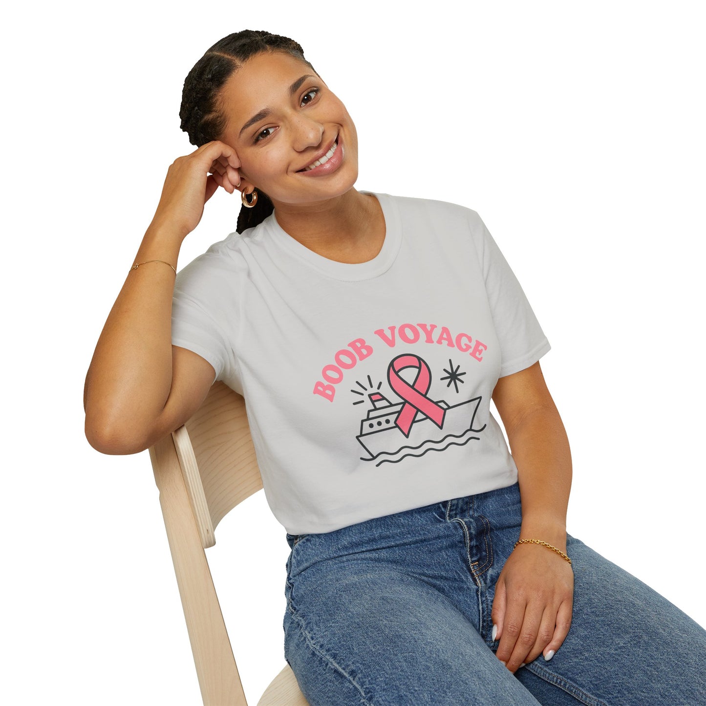 Boob Voyage T-Shirt | Funny Mastectomy Support Tee with Pink Ribbon and Cruise Ship
