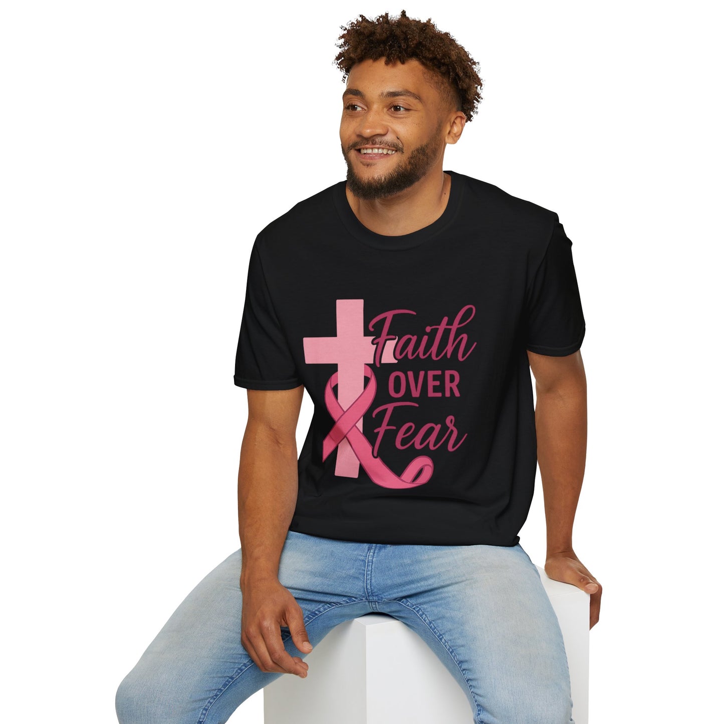 Faith Over Fear Shirt | Breast Cancer Awareness Christian Tee with Cross & Pink Ribbon