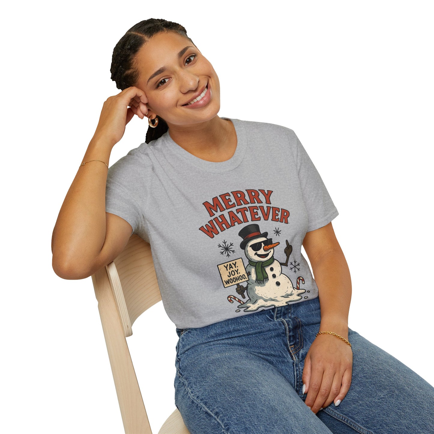 Merry Whatever Funny Snowman Shirt | Sarcastic Holiday Mood Tee | Melting Christmas Anti-Spirit Graphic T-Shirt