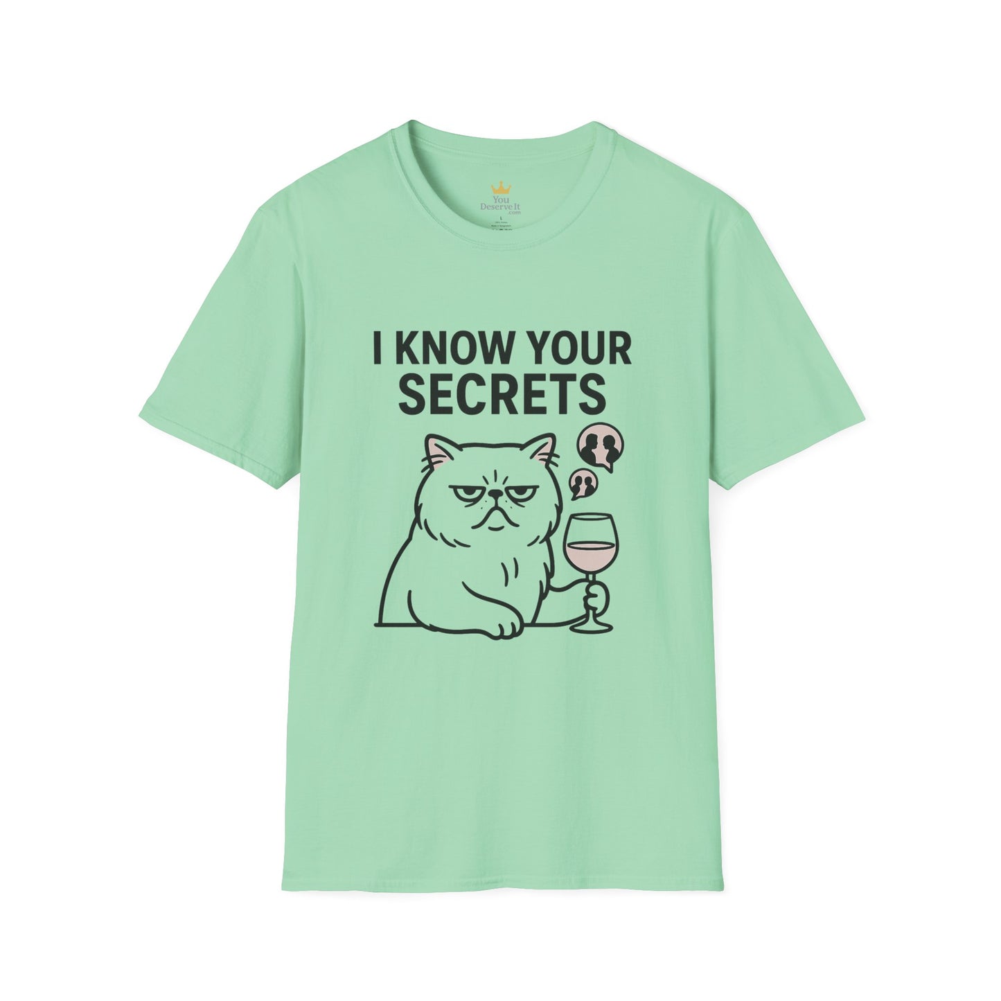 "I Know Your Secrets" Wine Cat T-Shirt, Humor Shirt, Gift for Cat Lovers, Cute Animal Tee, Unique Graphic T-Shirt