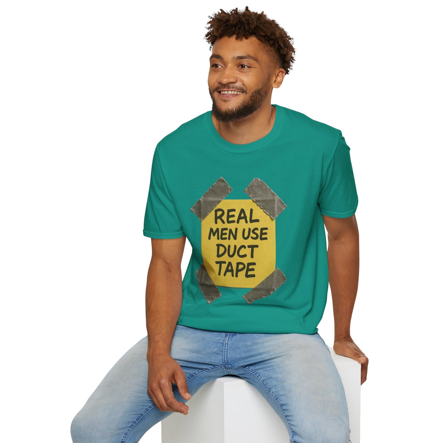 Real Men Use Duct Tape™ Funny Sticky Note T-Shirt – Bold DIY Humor Tee, Casual Wear, Handy Man Shirt, Great for Father's Day