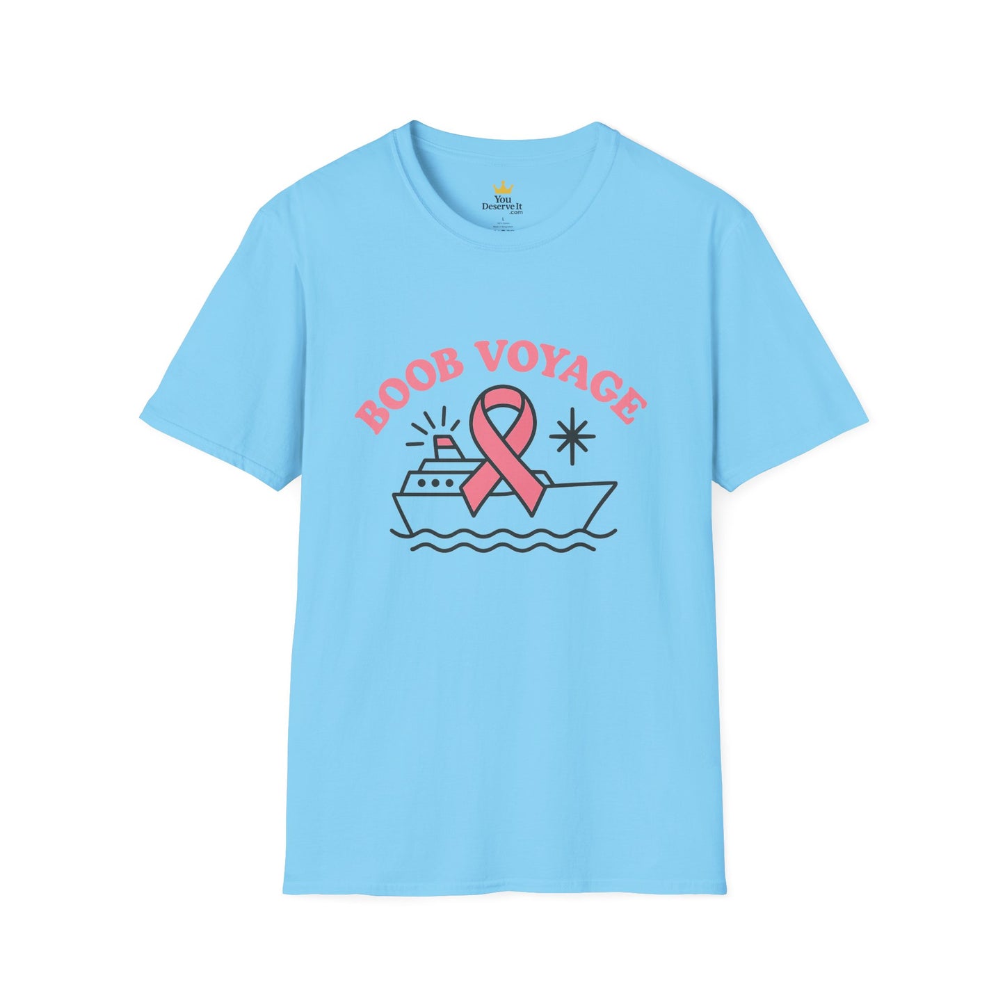 Boob Voyage T-Shirt | Funny Mastectomy Support Tee with Pink Ribbon and Cruise Ship