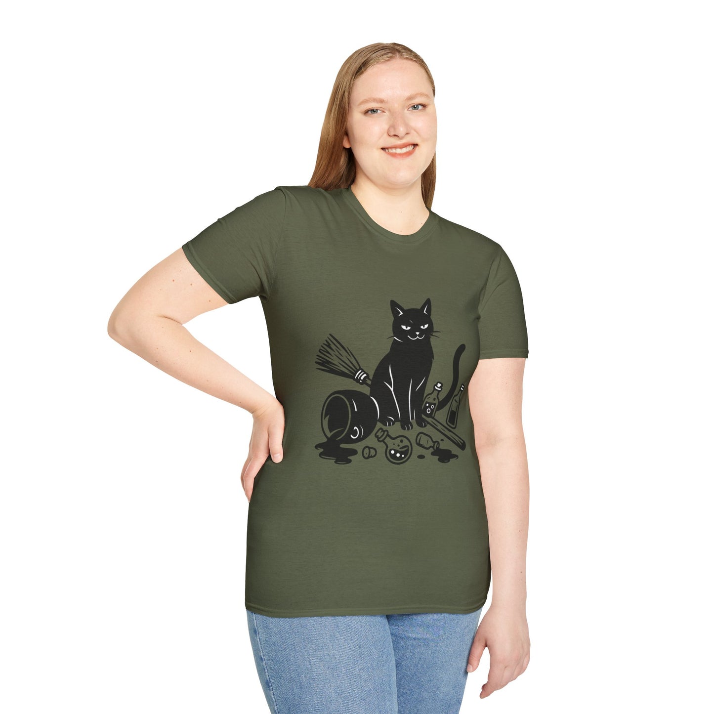 Black Cat Knocking Over Witch’s Essentials – Funny Halloween T-Shirt Design