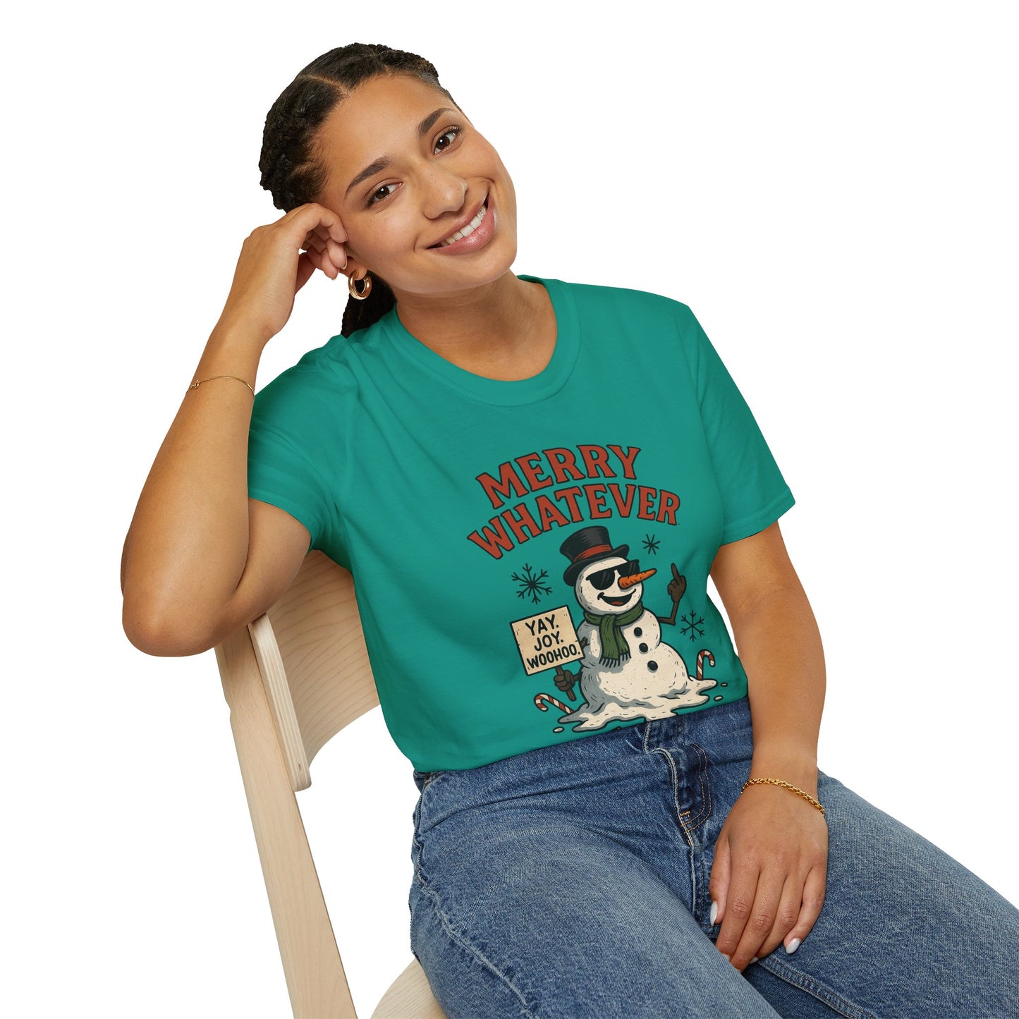 Merry Whatever Funny Snowman Shirt | Sarcastic Holiday Mood Tee | Melting Christmas Anti-Spirit Graphic T-Shirt