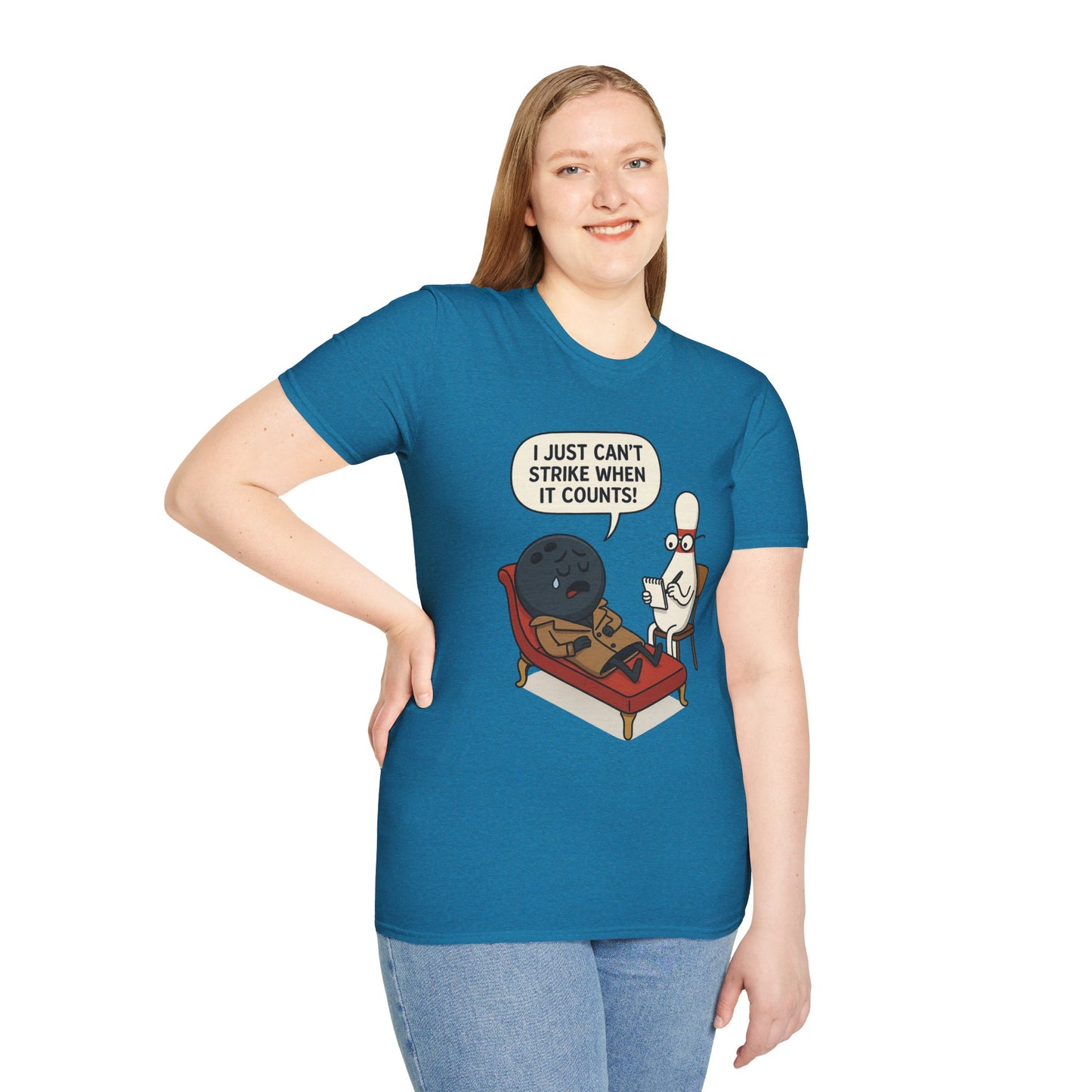 Funny Bowling T-Shirt | "I Just Can't Strike When It Counts!" Therapy Cartoon Tee