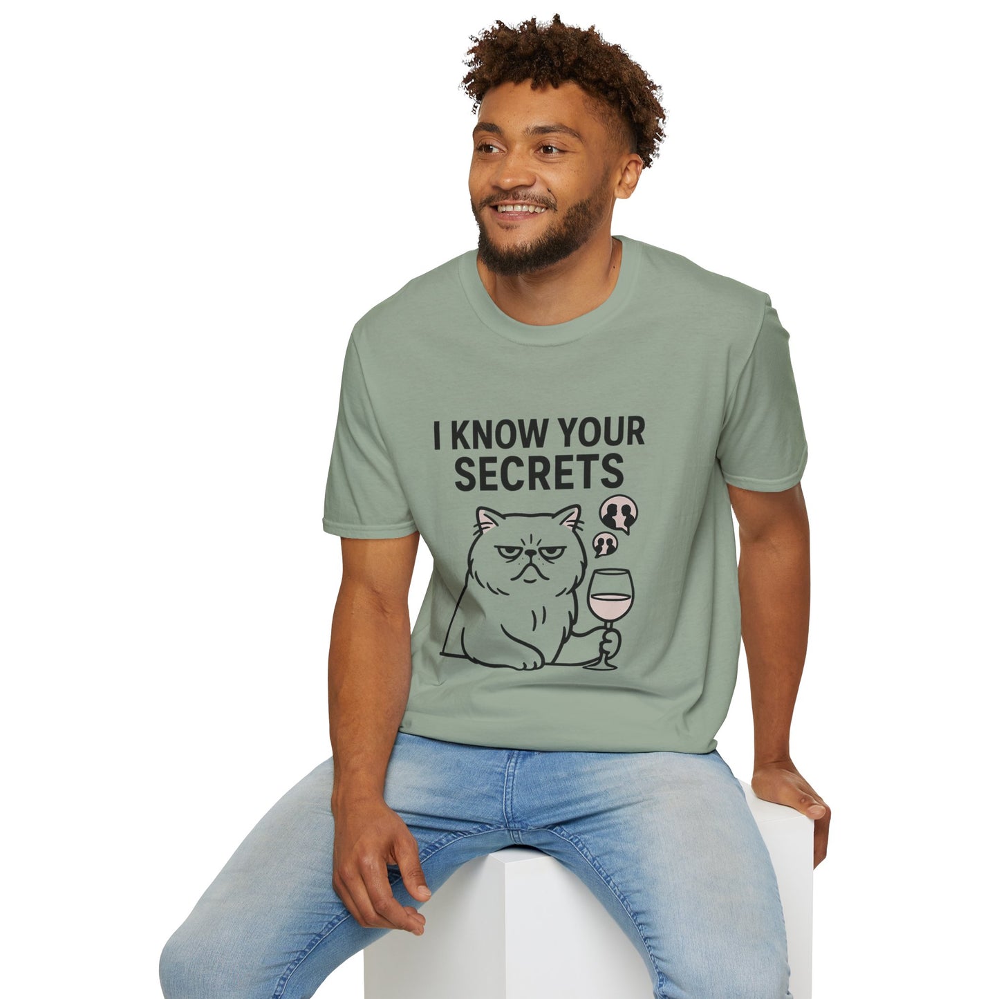 "I Know Your Secrets" Wine Cat T-Shirt, Humor Shirt, Gift for Cat Lovers, Cute Animal Tee, Unique Graphic T-Shirt