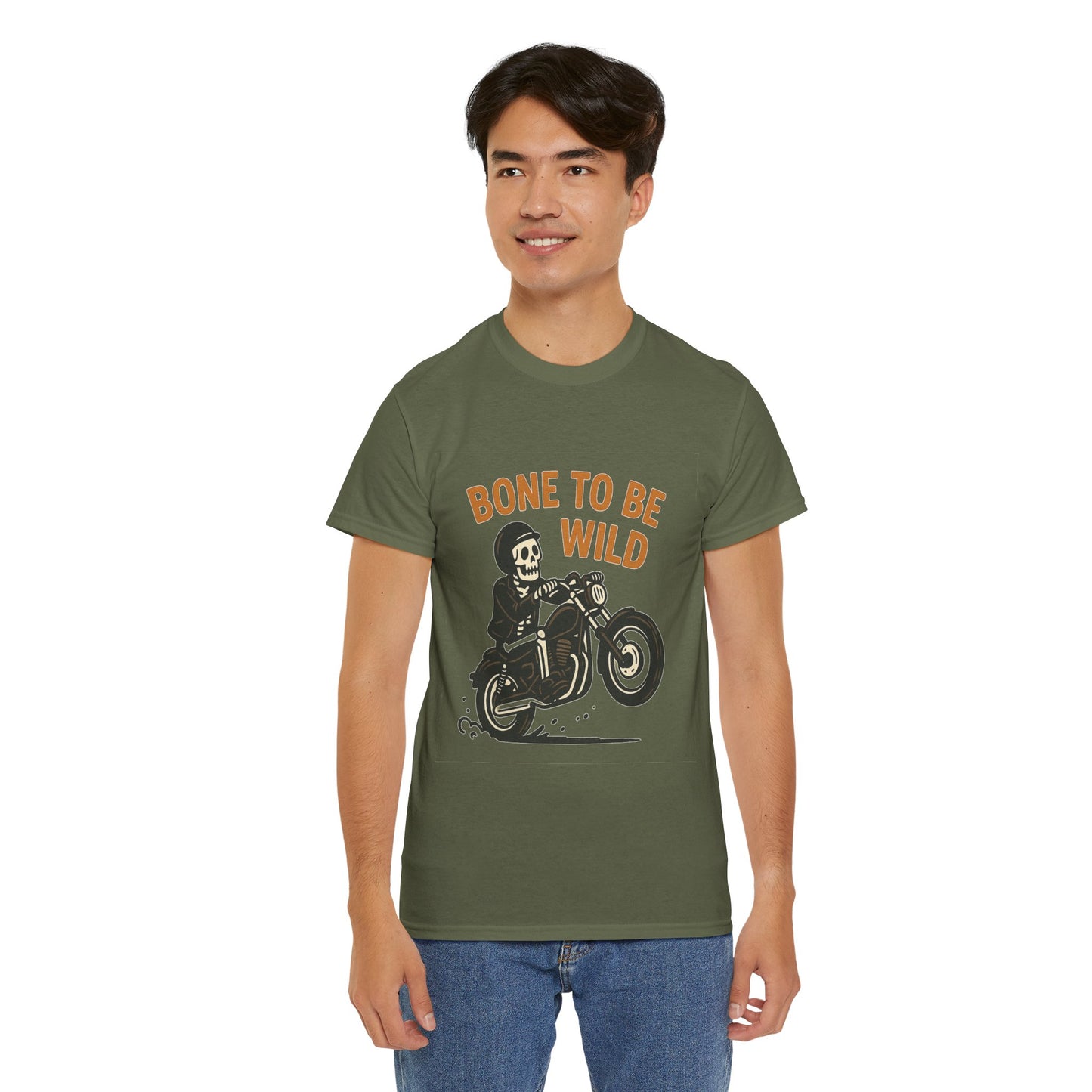 Motorcycle Tee, Bone to Be Wild Halloween Cool Bike Vibe Unisex Heavy Cotton