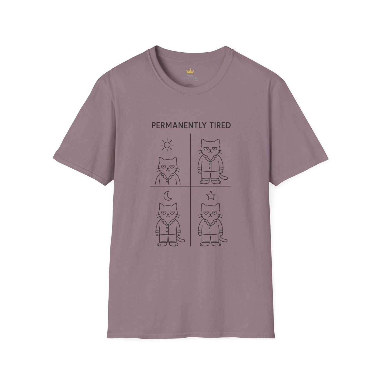 Permanently Tired Grumpy Cat T-Shirt | Minimalist Line Art Pajama Kitty | Unisex Softstyle T-Shirt