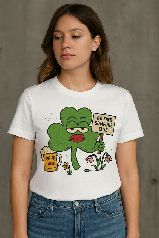 Go Find Someone Else | Sarcastic Clover T-Shirt | Funny St. Patrick's Day Shirt with Attitude, Moody Shamrock Tee, Anti-Social Irish Humor