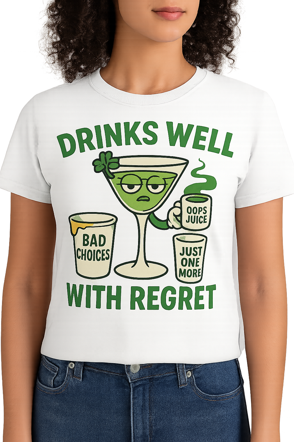 Drinks Well With Regret | Funny St. Patrick's Day Tee | Sarcastic Drinking Shirt, Bad Decisions Graphic T-Shirt for Party Lovers