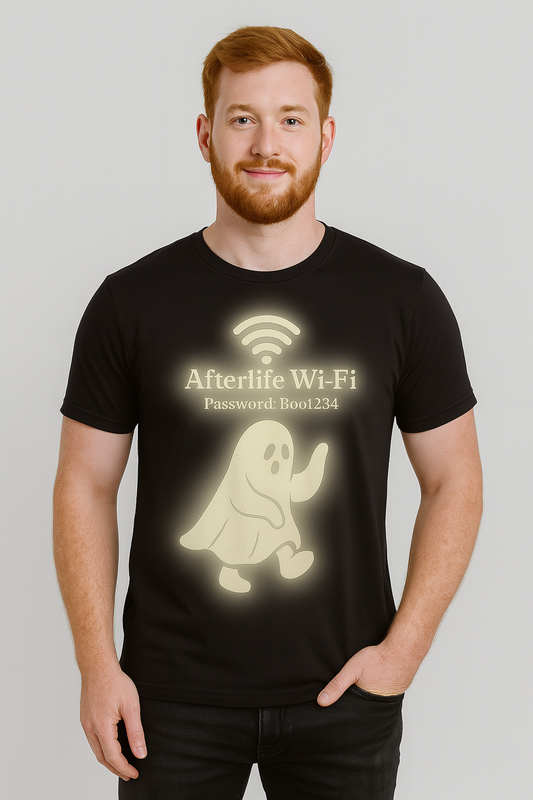 Afterlife Wi-Fi Ghost Tee | Funny Halloween Shirt with "Boo1234" Password