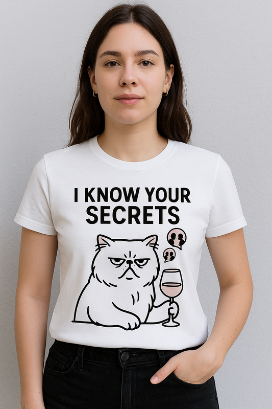 "I Know Your Secrets" Wine Cat T-Shirt, Humor Shirt, Gift for Cat Lovers, Cute Animal Tee, Unique Graphic T-Shirt