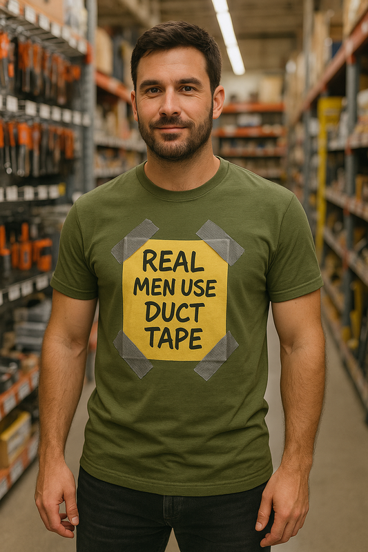 Real Men Use Duct Tape™ Funny Sticky Note T-Shirt – Bold DIY Humor Tee, Casual Wear, Handy Man Shirt, Great for Father's Day