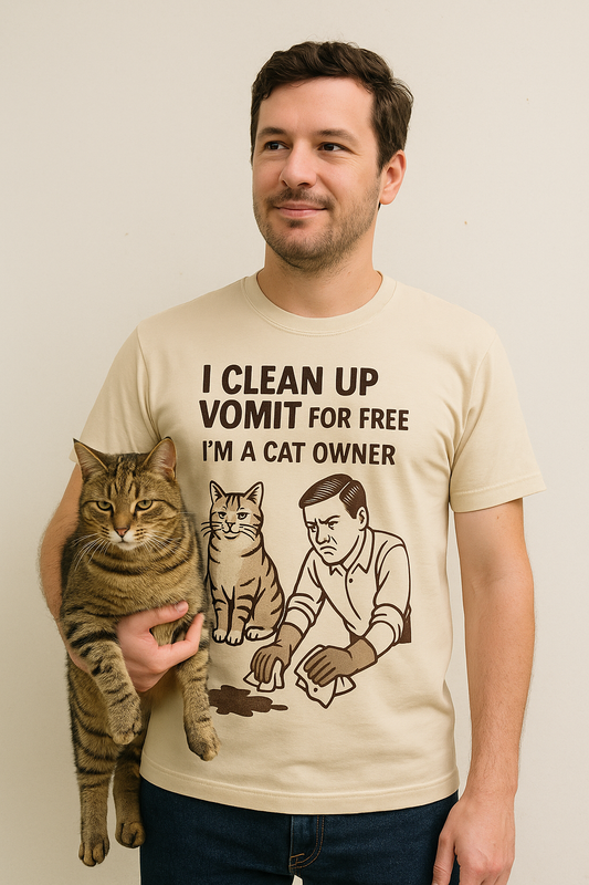I Clean Up Vomit for Free Funny Cat Owner T-Shirt | Retro Pet Humor Tee