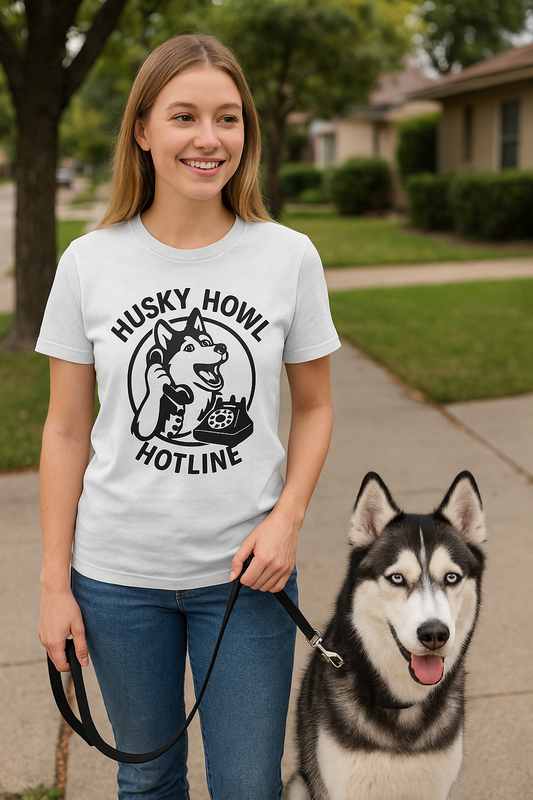 Husky Howl Hotline T-Shirt, Funny Dog Tee, Pet Lover Gift, Animal Rescue Fundraiser Shirt, Casual Wear, Gift for Dog Lovers