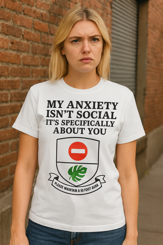 Funny Anxiety T-Shirt – Sarcastic Graphic Tee with Shield Design