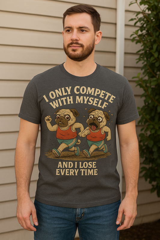 Funny Pug T-Shirt – “I Only Compete With Myself And I Lose Every Time” | Vintage Style Graphic Tee