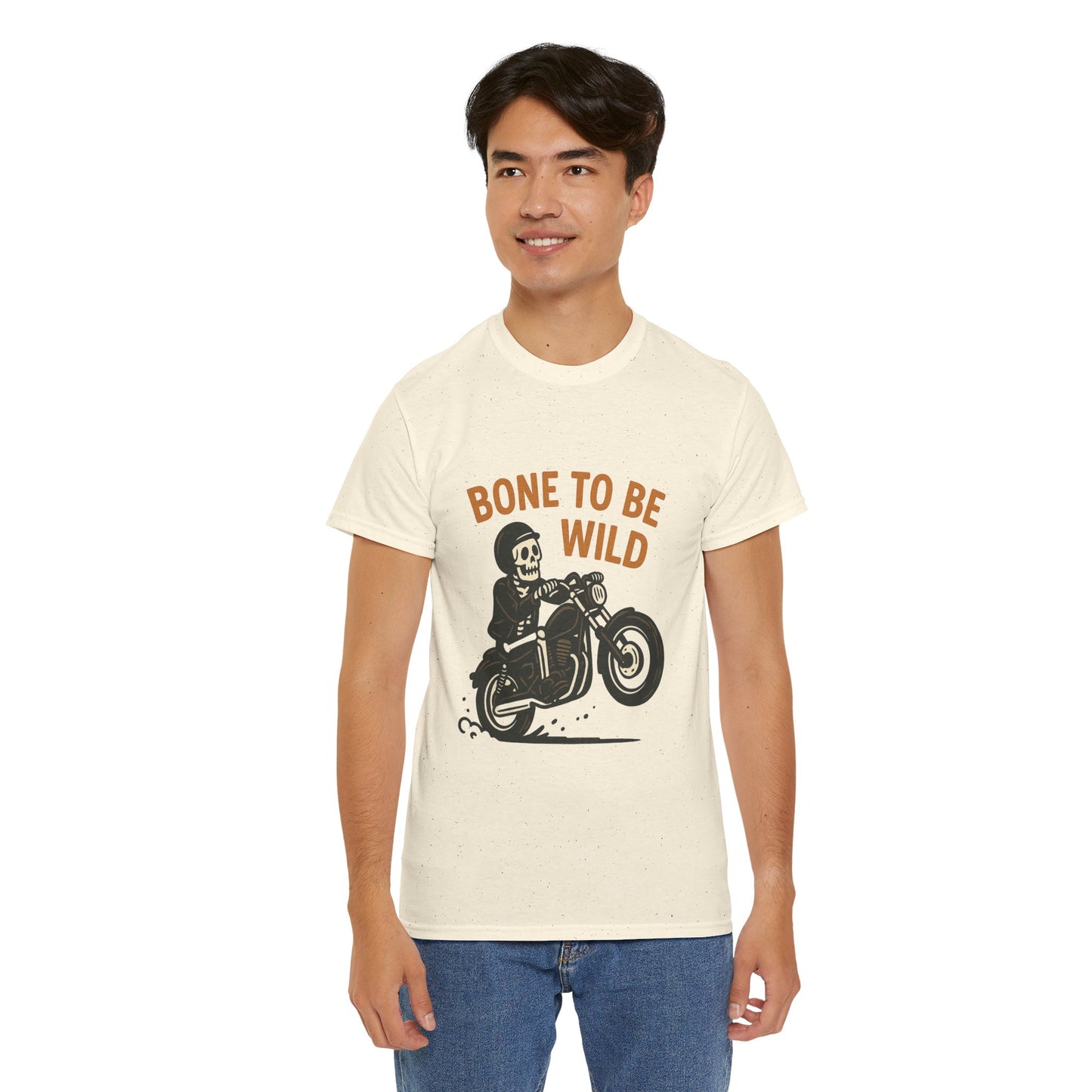 Motorcycle Tee, Bone to Be Wild Halloween Cool Bike Vibe Unisex Heavy Cotton