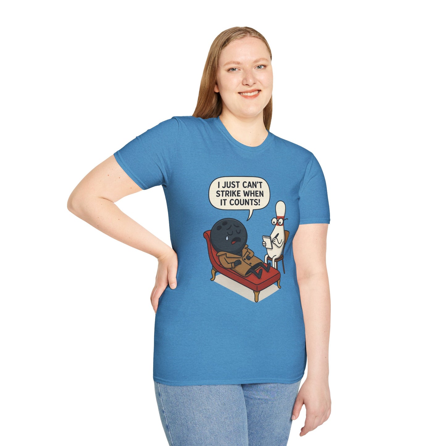 Funny Bowling T-Shirt | "I Just Can't Strike When It Counts!" Therapy Cartoon Tee