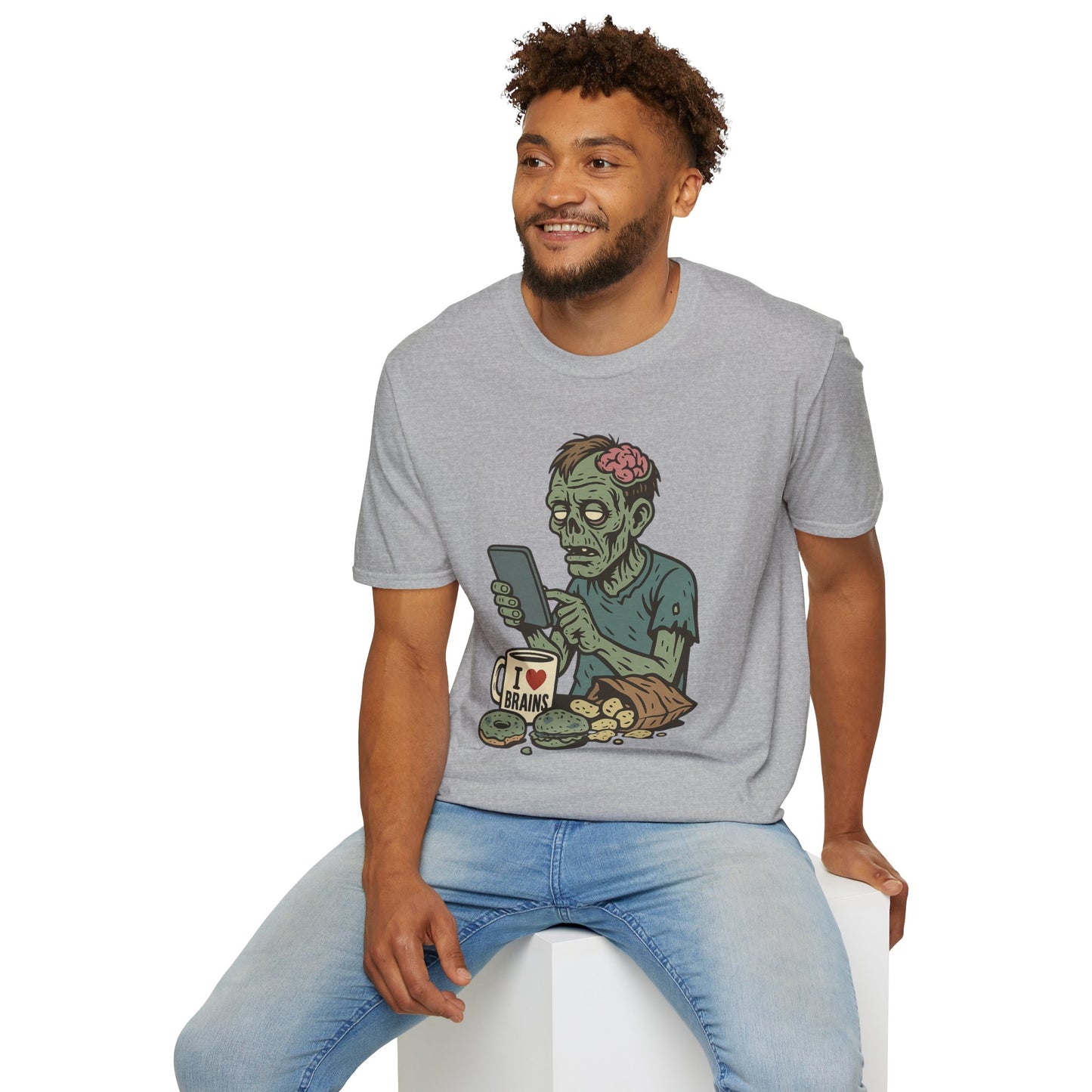Zombie Social Media Addict – Funny Undead Coffee Mug & Snack Scene T-Shirt