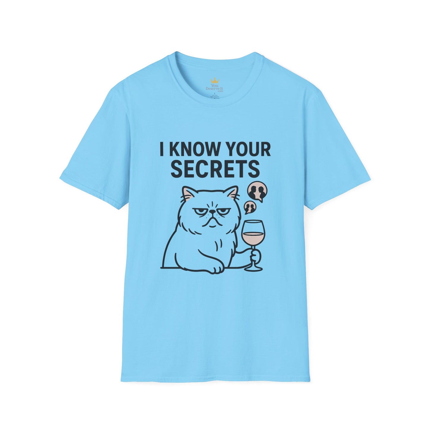 "I Know Your Secrets" Wine Cat T-Shirt, Humor Shirt, Gift for Cat Lovers, Cute Animal Tee, Unique Graphic T-Shirt
