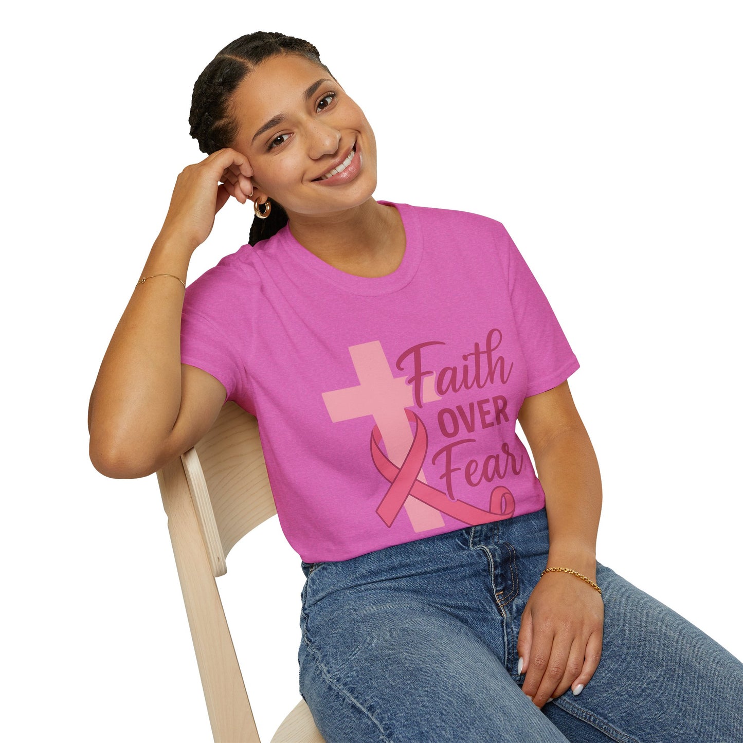 Faith Over Fear Shirt | Breast Cancer Awareness Christian Tee with Cross & Pink Ribbon