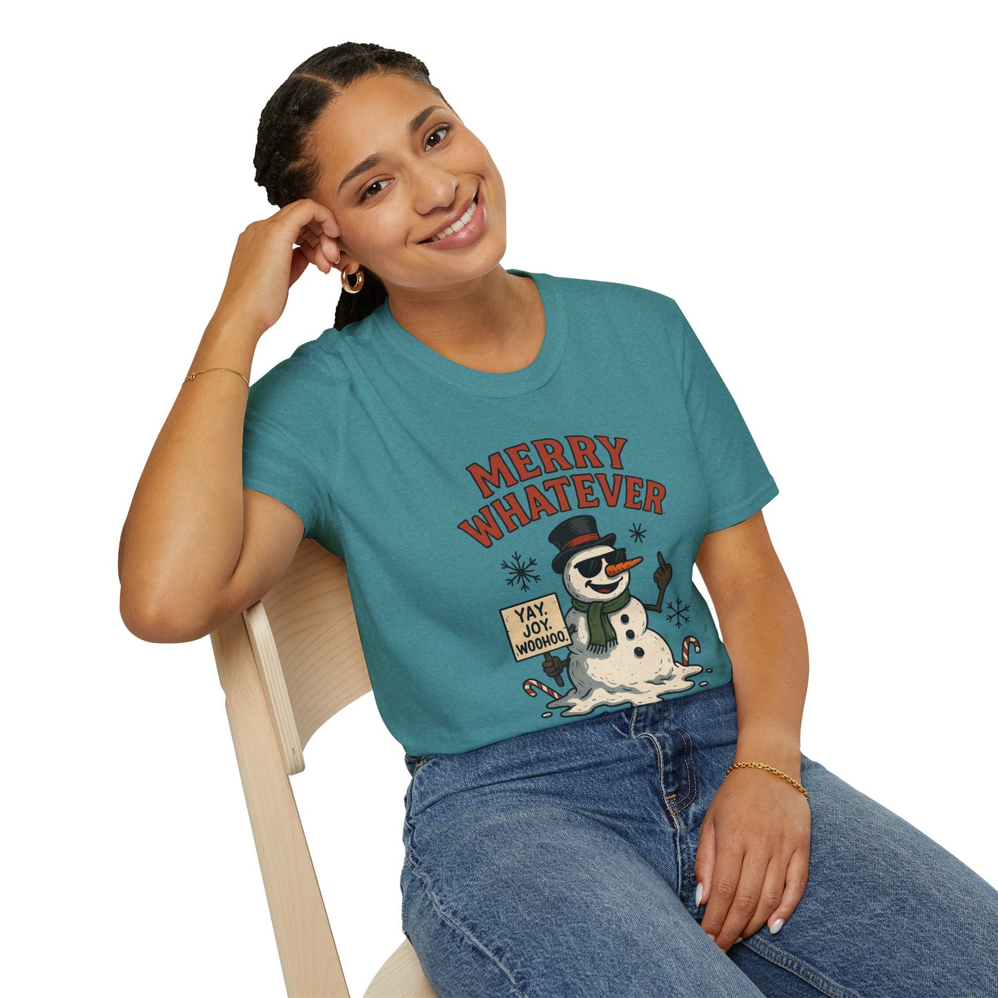 Merry Whatever Funny Snowman Shirt | Sarcastic Holiday Mood Tee | Melting Christmas Anti-Spirit Graphic T-Shirt