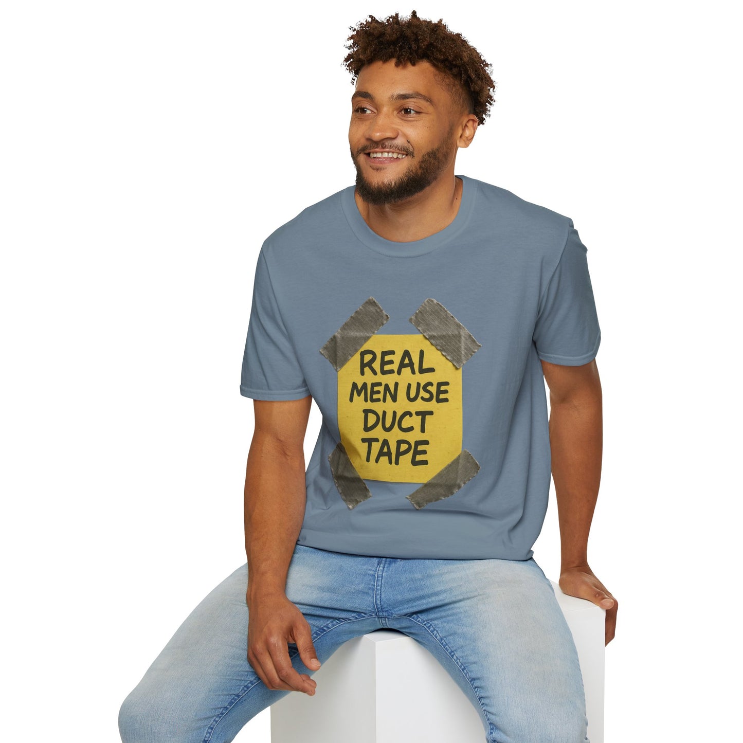 REAL MEN USE DUCT TAPE | Double-Sided '80s Fix-It T-Shirt | Bold DIY Humor Tee, Casual Wear, Handy Man Shirt, Great for Father's Day