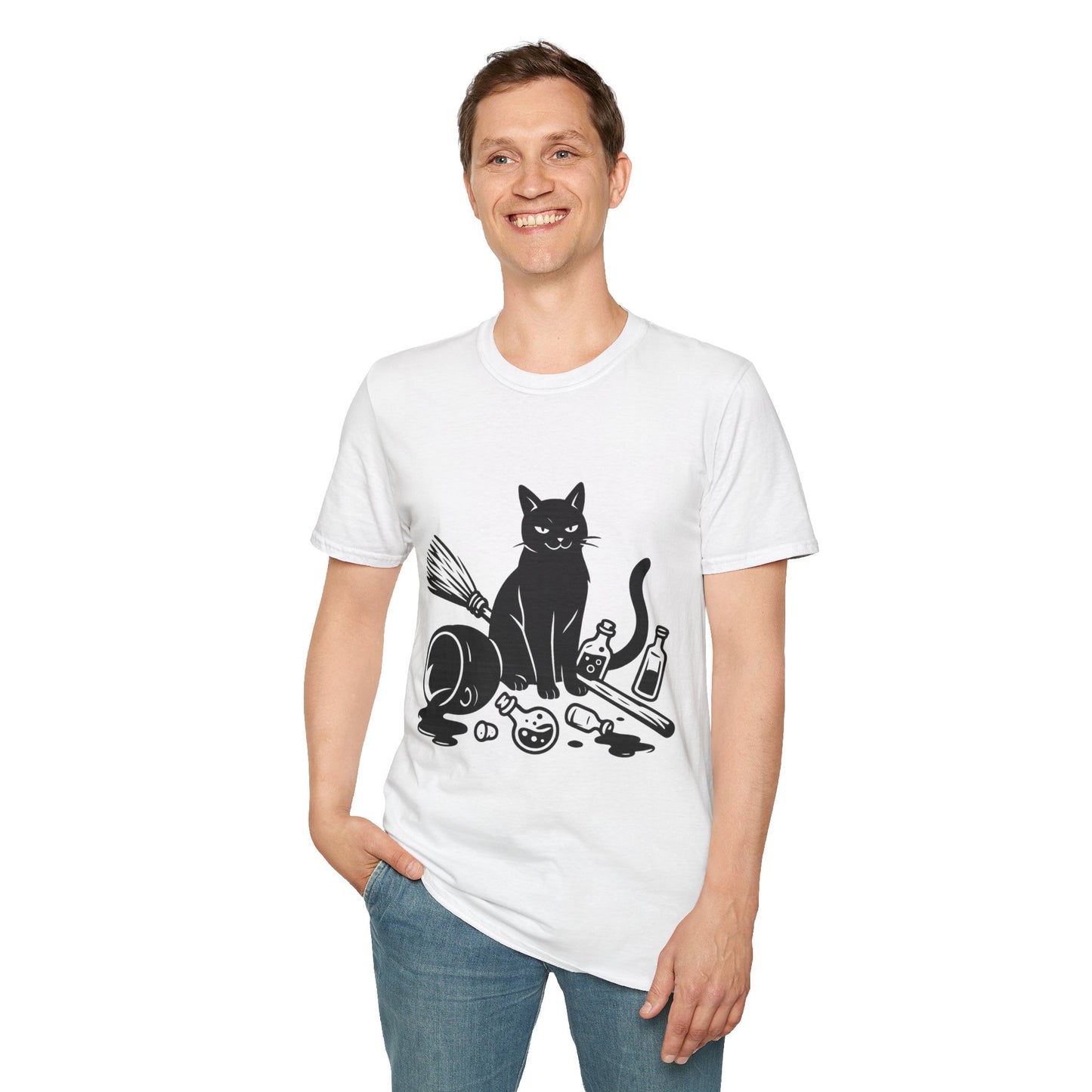 Black Cat Knocking Over Witch’s Essentials – Funny Halloween T-Shirt Design