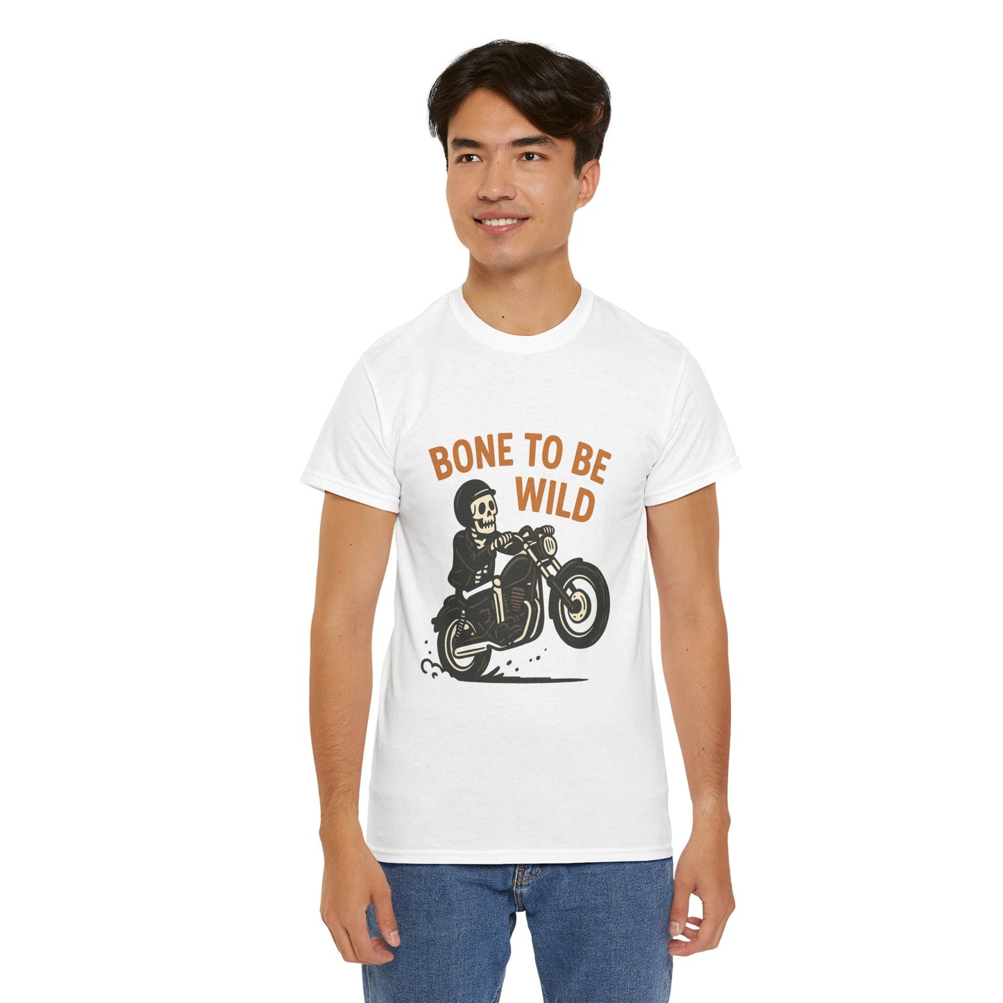 Motorcycle Tee, Bone to Be Wild Halloween Cool Bike Vibe Unisex Heavy Cotton