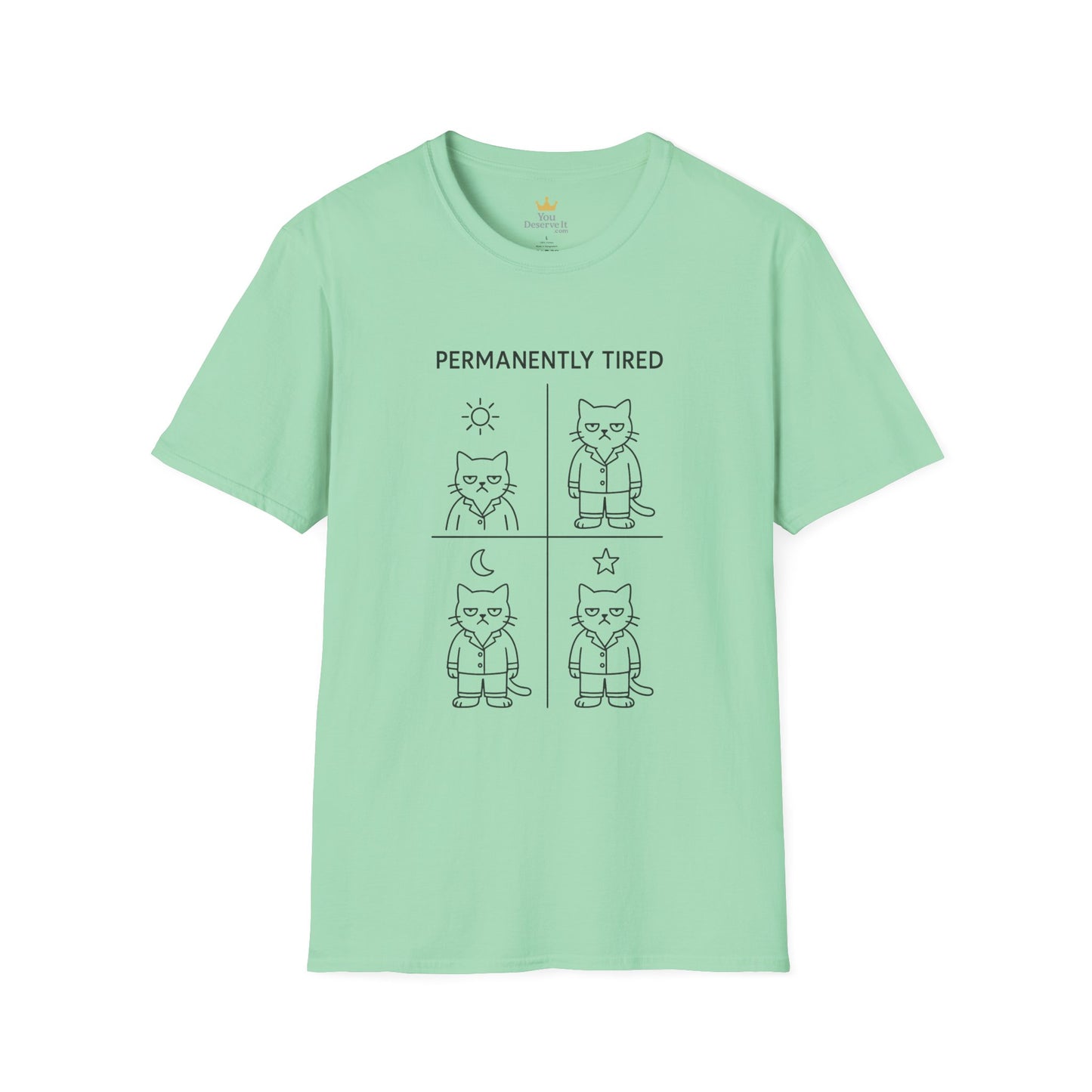 Permanently Tired Grumpy Cat T-Shirt | Minimalist Line Art Pajama Kitty | Unisex Softstyle T-Shirt