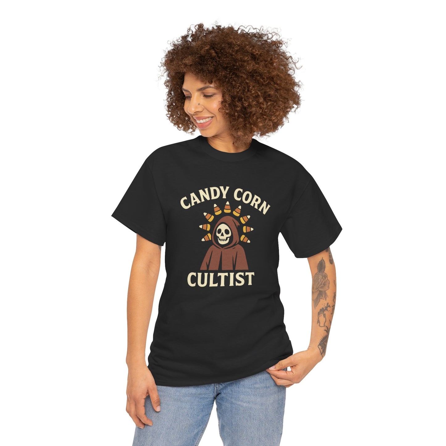 Candy Corn Cultist T-Shirt | Funny Halloween Graphic Tee for Sweet Tooth Fanatics