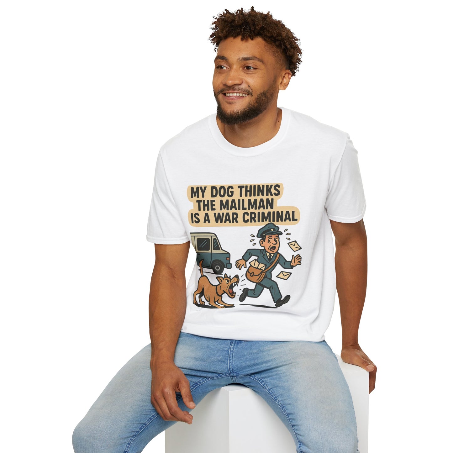 My Dog Thinks the Mailman Is a War Criminal – Funny Retro Comic Dog Owner T-Shirt