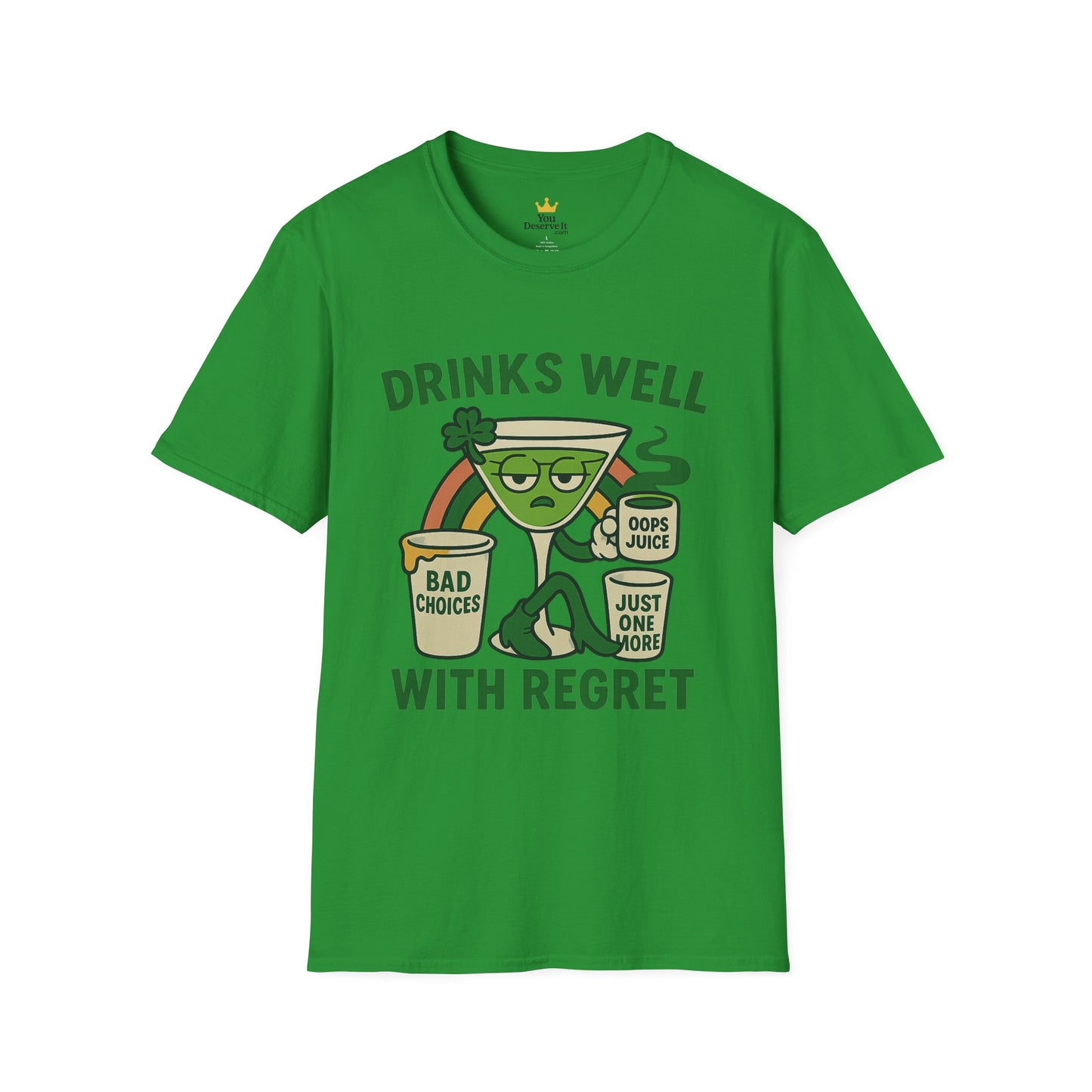 Drinks Well With Regret | Funny St. Patrick's Day Tee | Sarcastic Drinking Shirt, Bad Decisions Graphic T-Shirt for Party Lovers