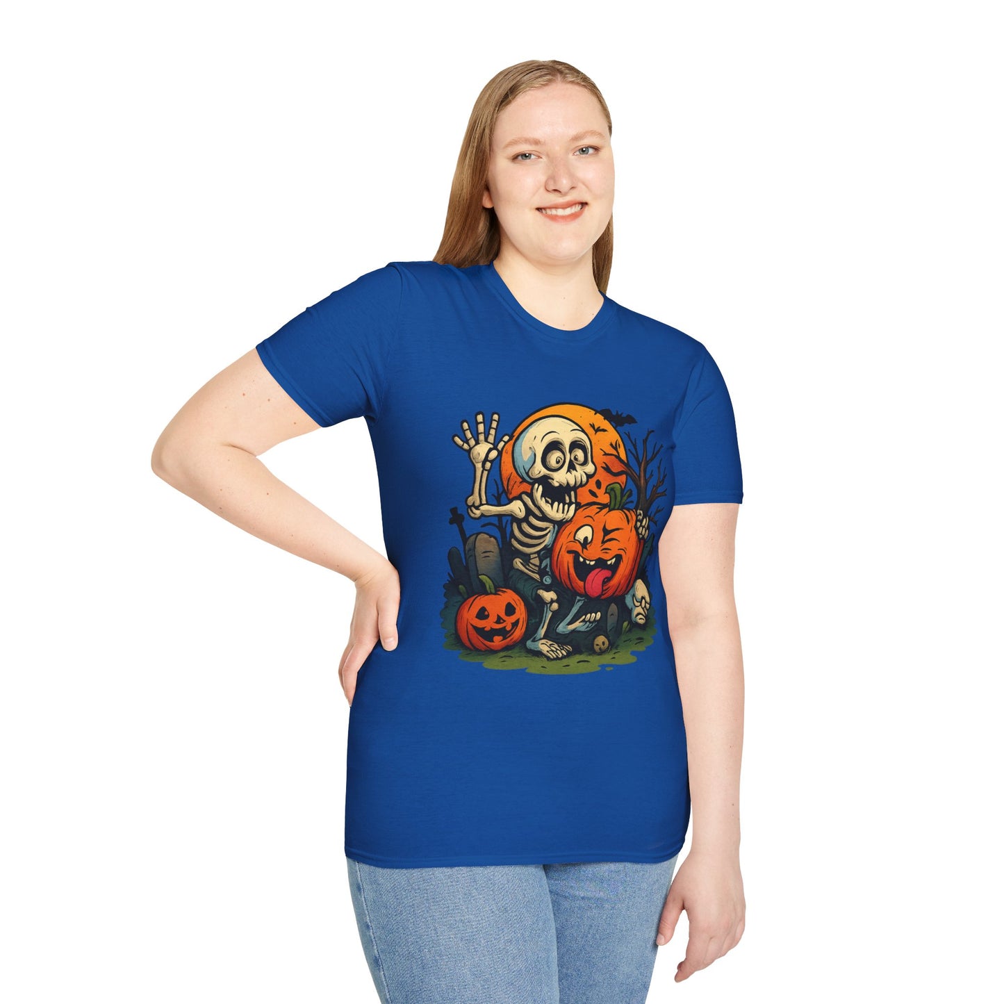 Funny Halloween Skeleton & Pumpkin T-Shirt – Cute Spooky Comic Design