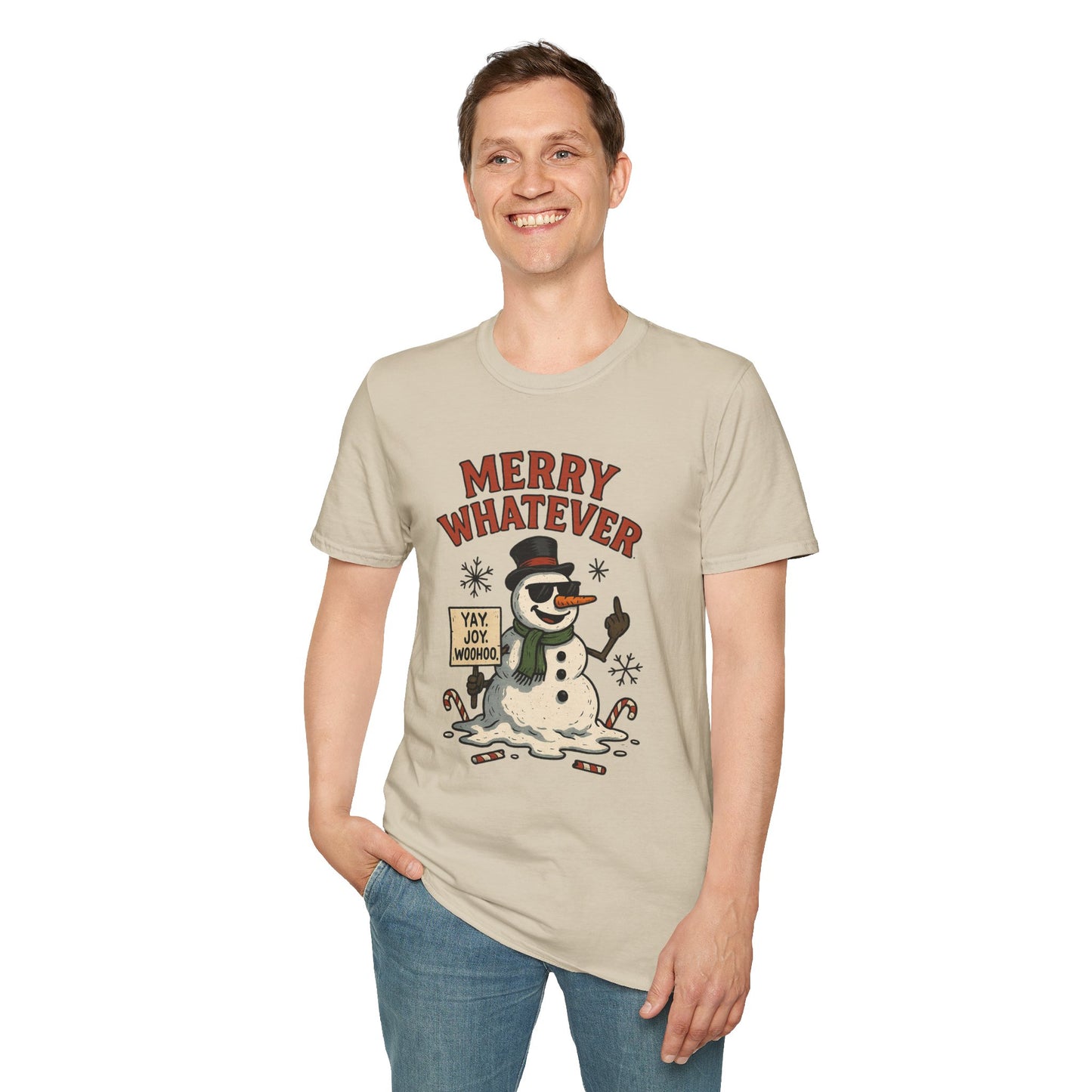 Merry Whatever Funny Snowman Shirt | Sarcastic Holiday Mood Tee | Melting Christmas Anti-Spirit Graphic T-Shirt