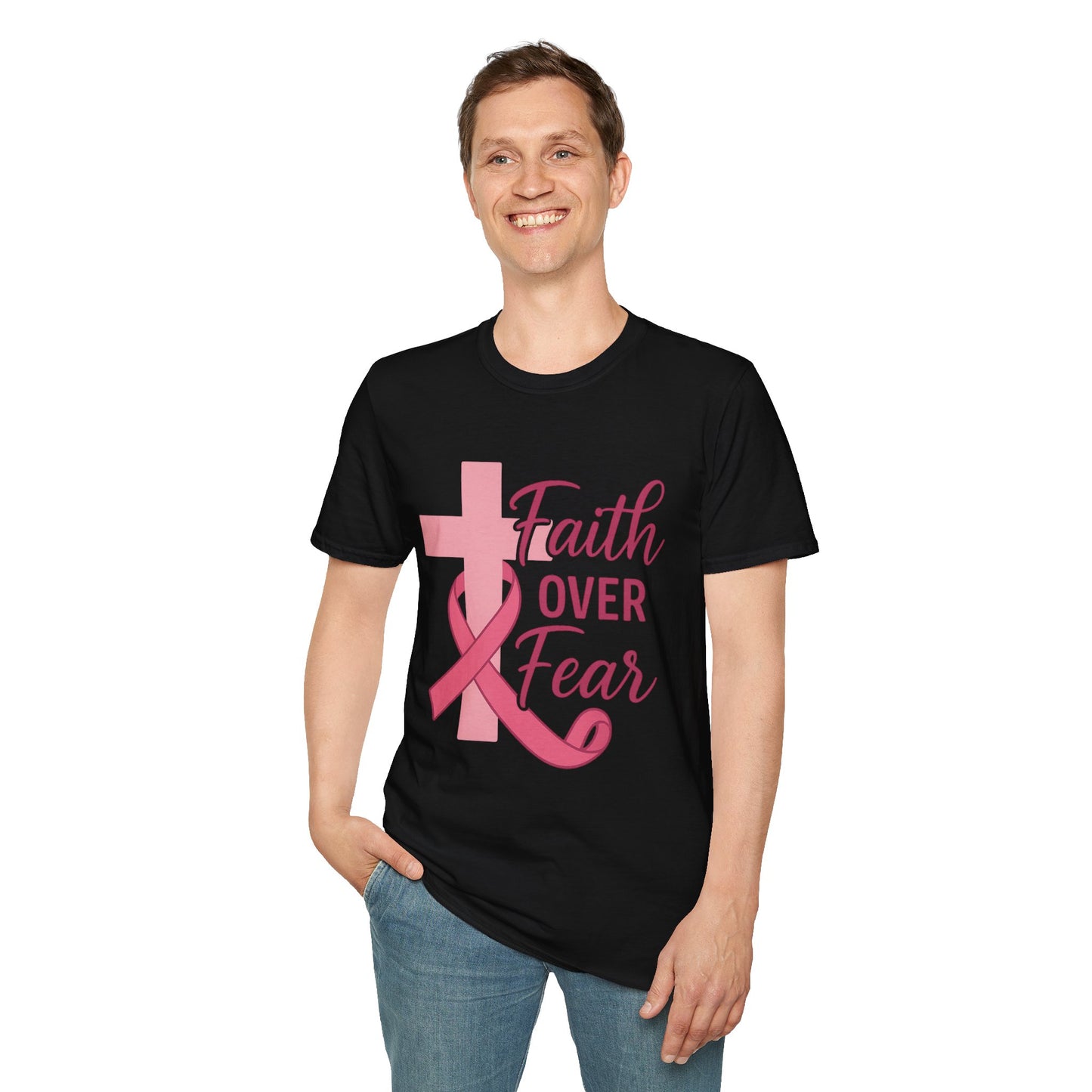 Faith Over Fear Shirt | Breast Cancer Awareness Christian Tee with Cross & Pink Ribbon