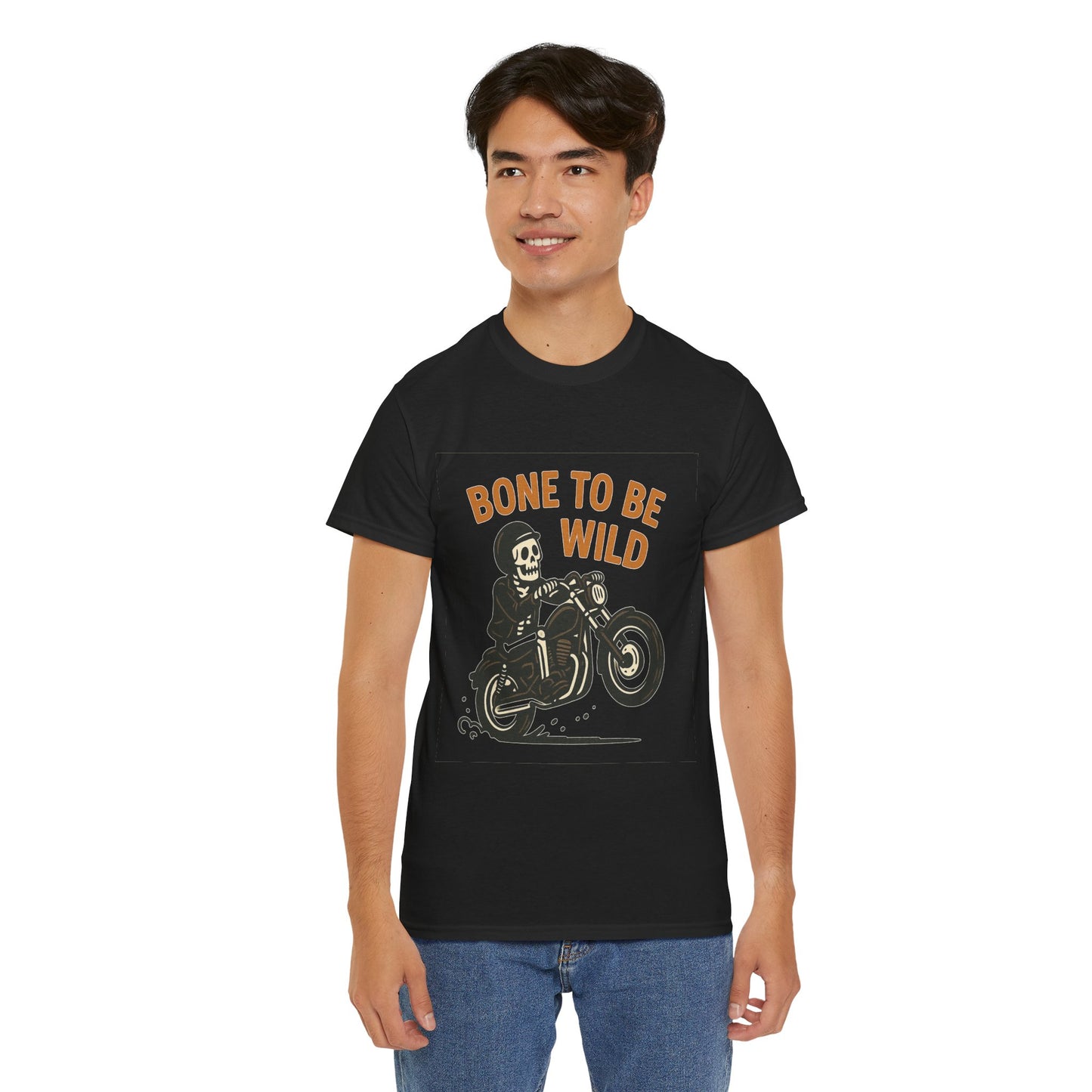 Motorcycle Tee, Bone to Be Wild Halloween Cool Bike Vibe Unisex Heavy Cotton