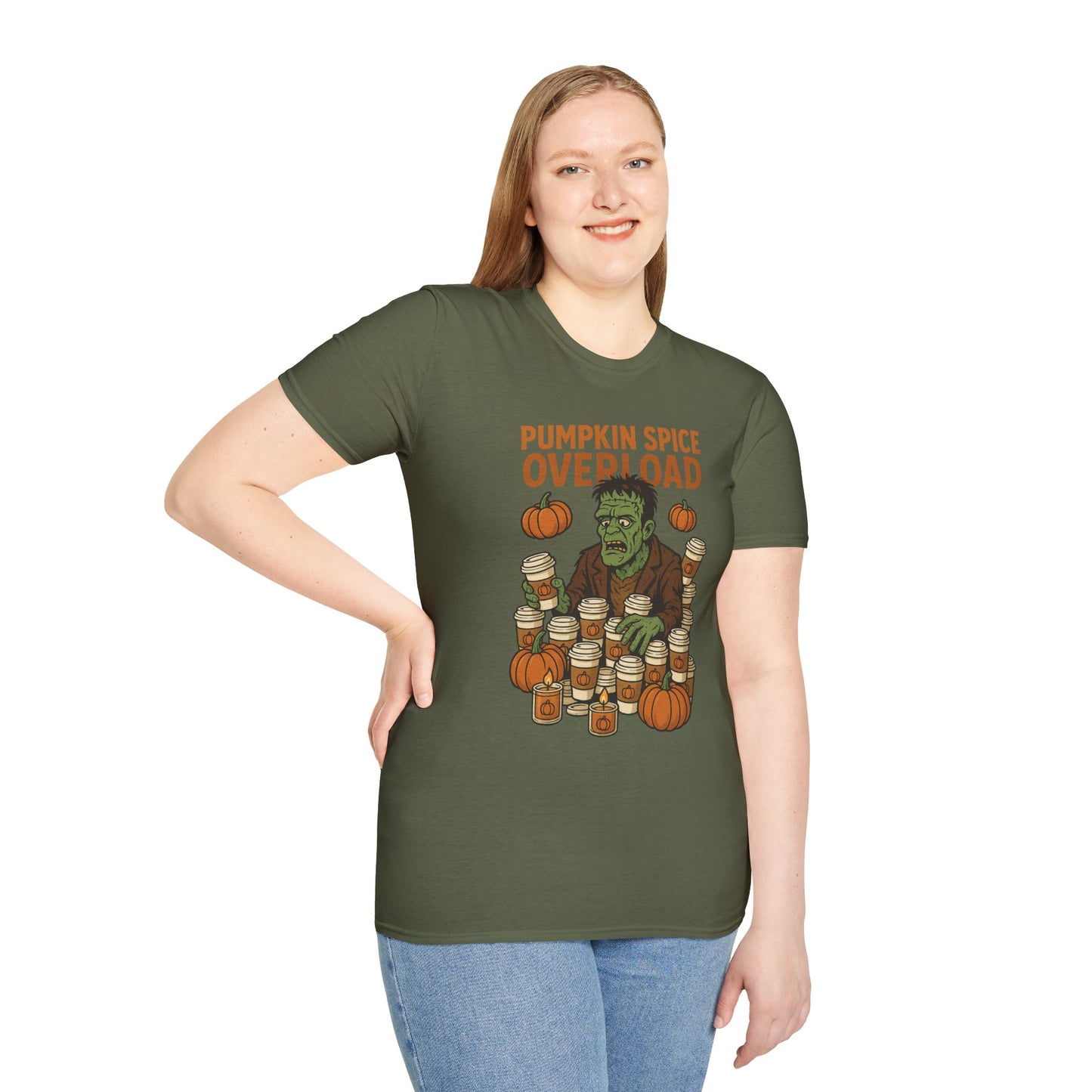 Pumpkin Spice Overload – Funny Frankenstein Halloween Coffee Lover T-Shirt