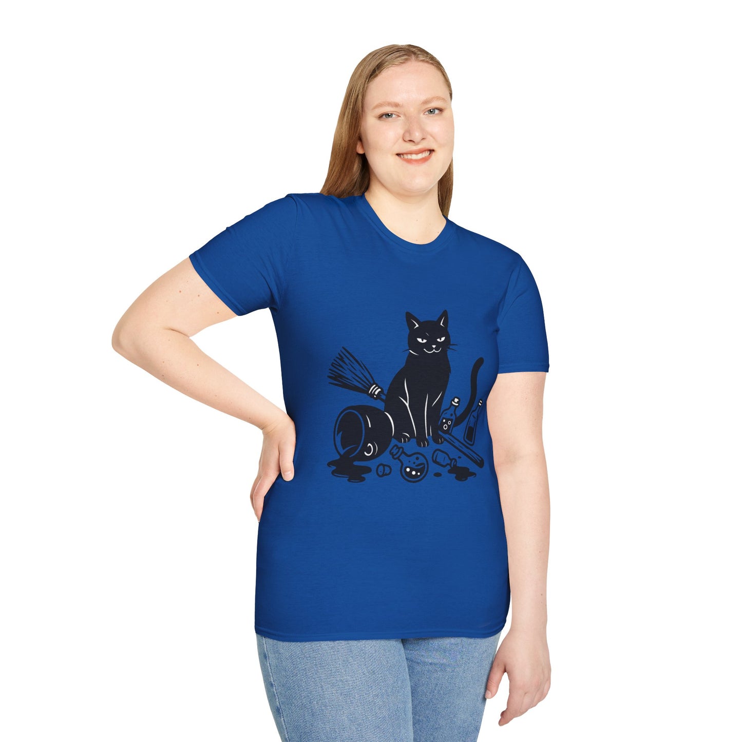 Black Cat Knocking Over Witch’s Essentials – Funny Halloween T-Shirt Design