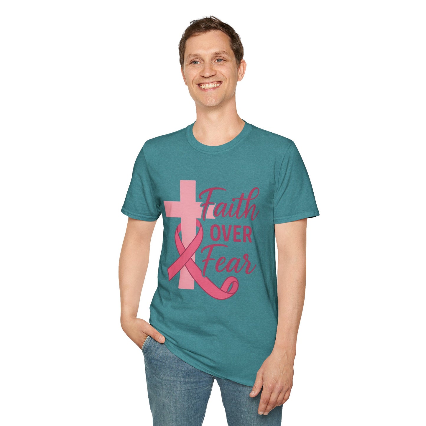 Faith Over Fear Shirt | Breast Cancer Awareness Christian Tee with Cross & Pink Ribbon