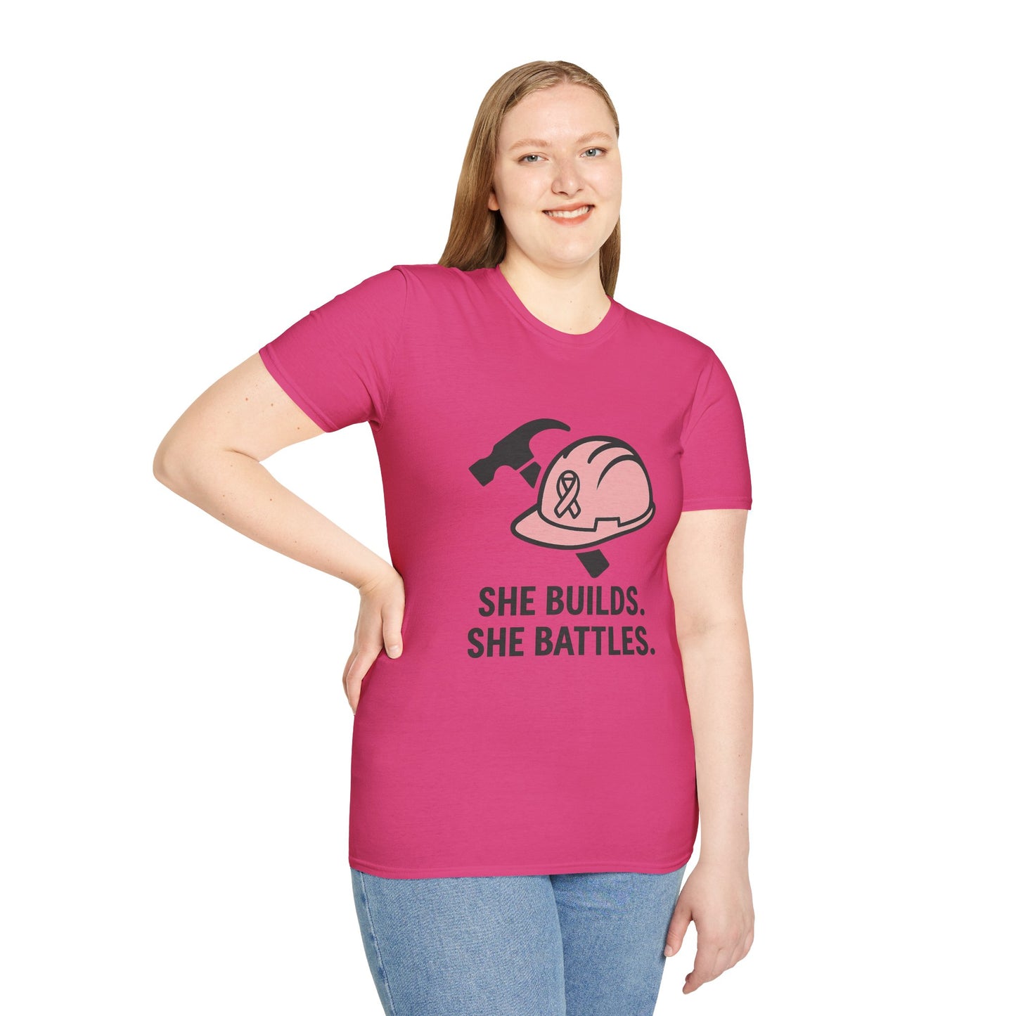 She Builds. She Battles. | Pink Ribbon Hard Hat Tee