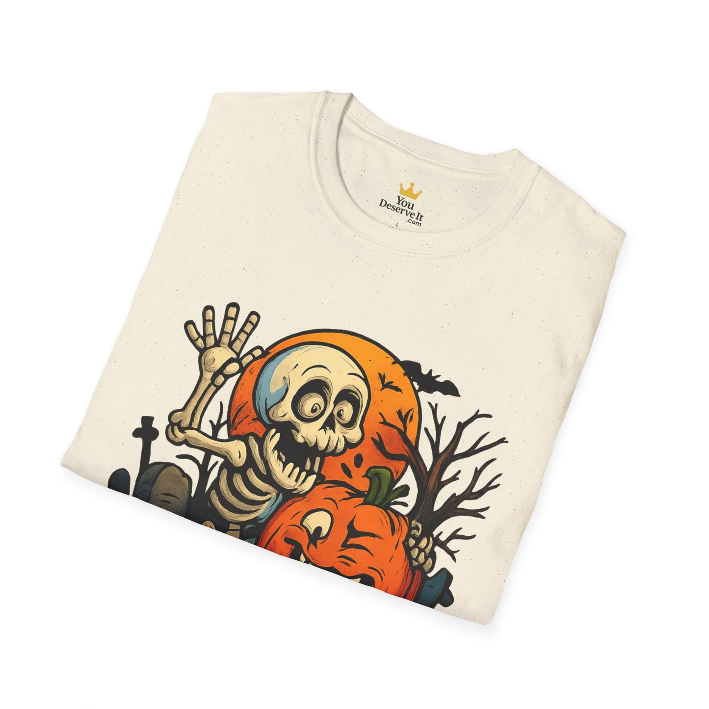 Funny Halloween Skeleton & Pumpkin T-Shirt – Cute Spooky Comic Design