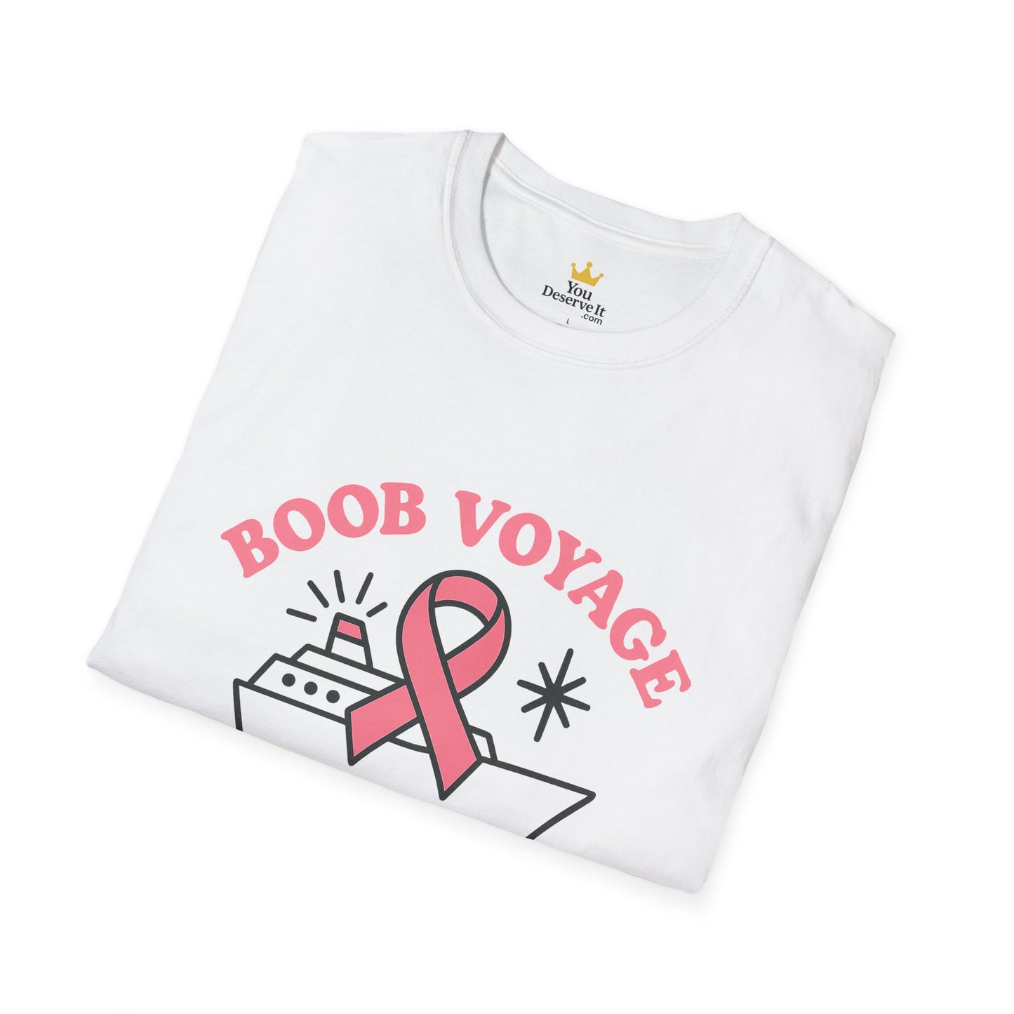 Boob Voyage T-Shirt | Funny Mastectomy Support Tee with Pink Ribbon and Cruise Ship
