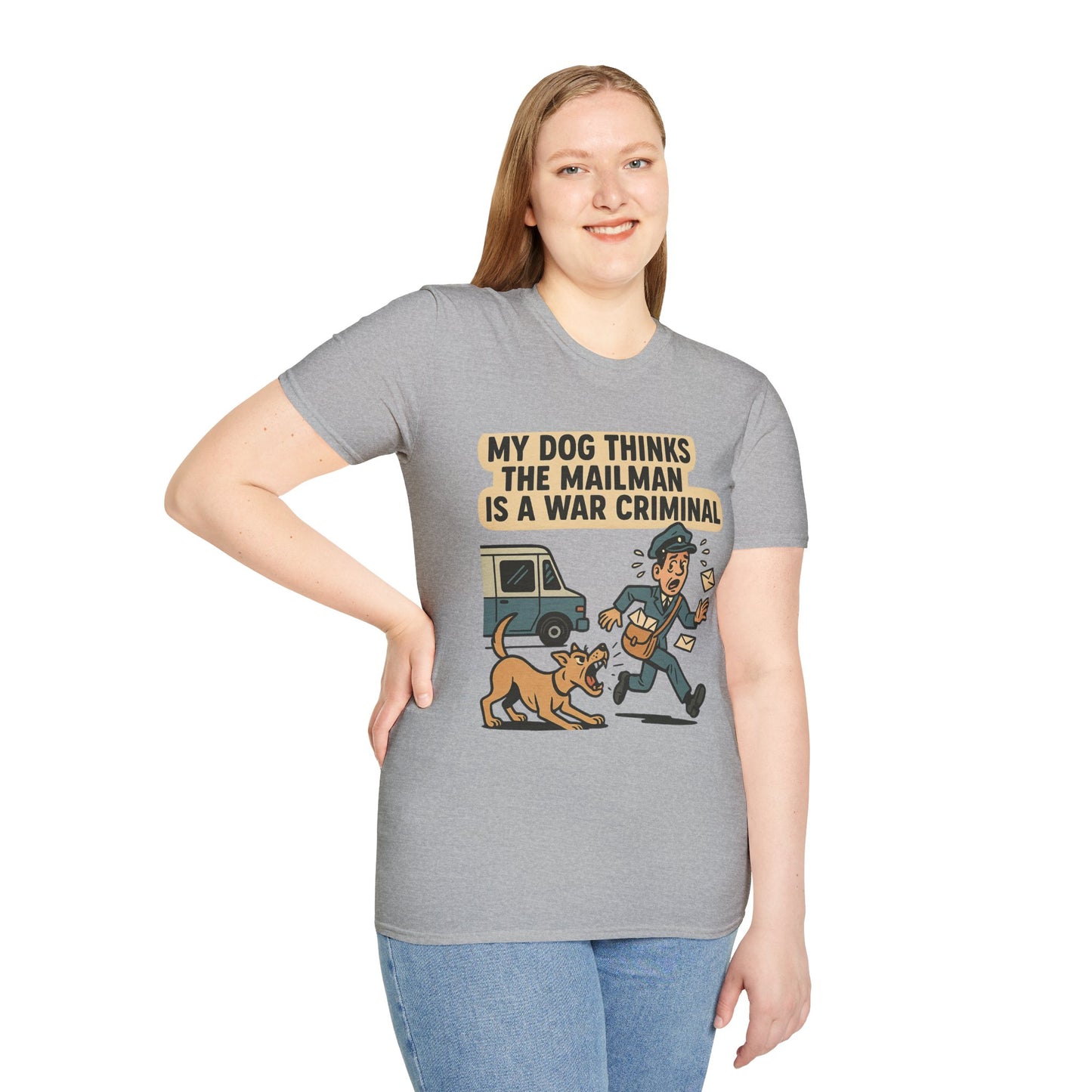 My Dog Thinks the Mailman Is a War Criminal – Funny Retro Comic Dog Owner T-Shirt