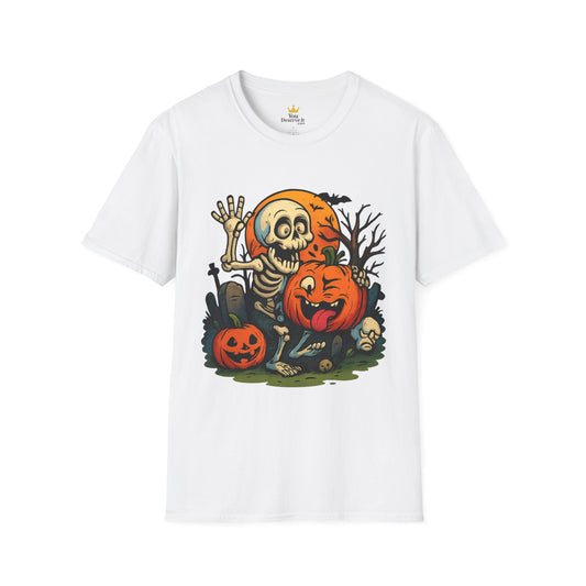 Funny Halloween Skeleton & Pumpkin T-Shirt – Cute Spooky Comic Design