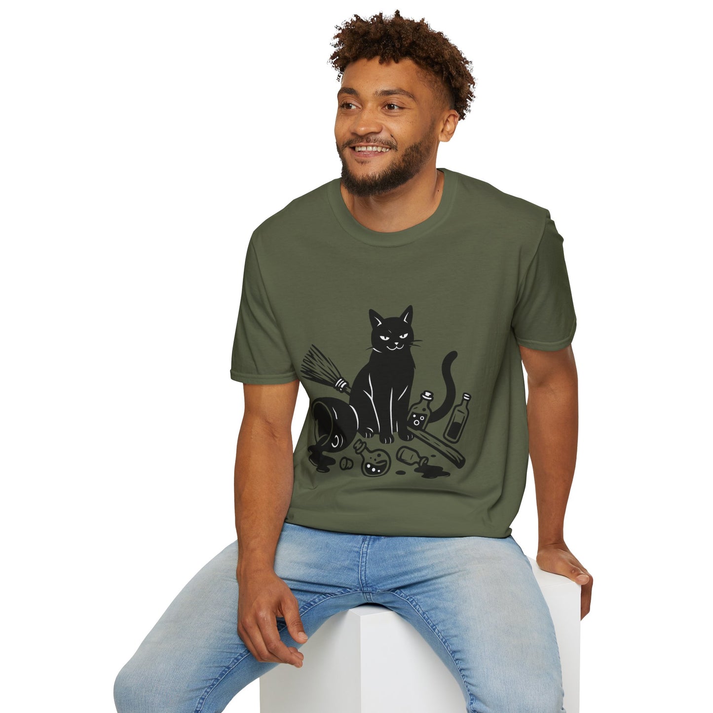 Black Cat Knocking Over Witch’s Essentials – Funny Halloween T-Shirt Design