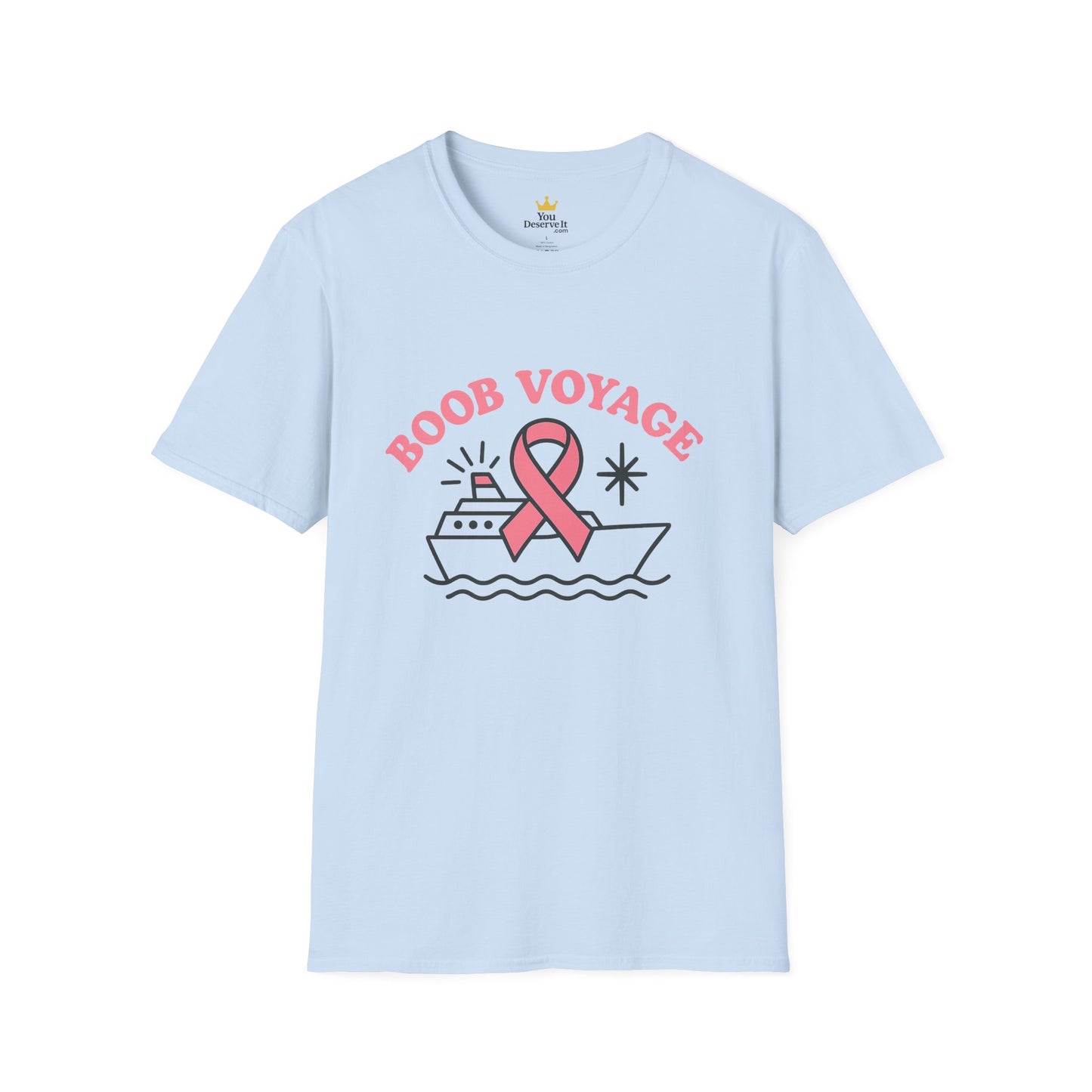 Boob Voyage T-Shirt | Funny Mastectomy Support Tee with Pink Ribbon and Cruise Ship