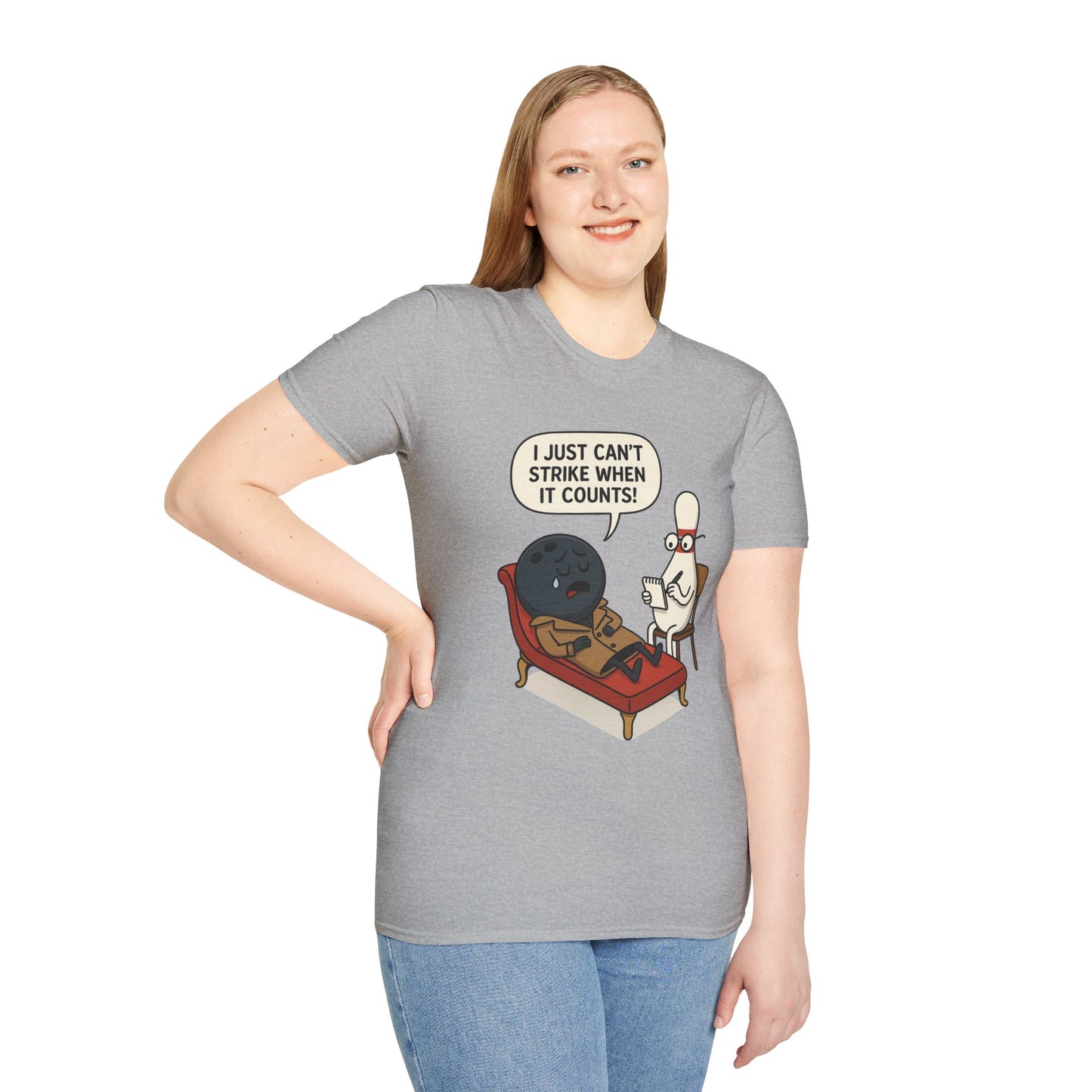 Funny Bowling T-Shirt | "I Just Can't Strike When It Counts!" Therapy Cartoon Tee